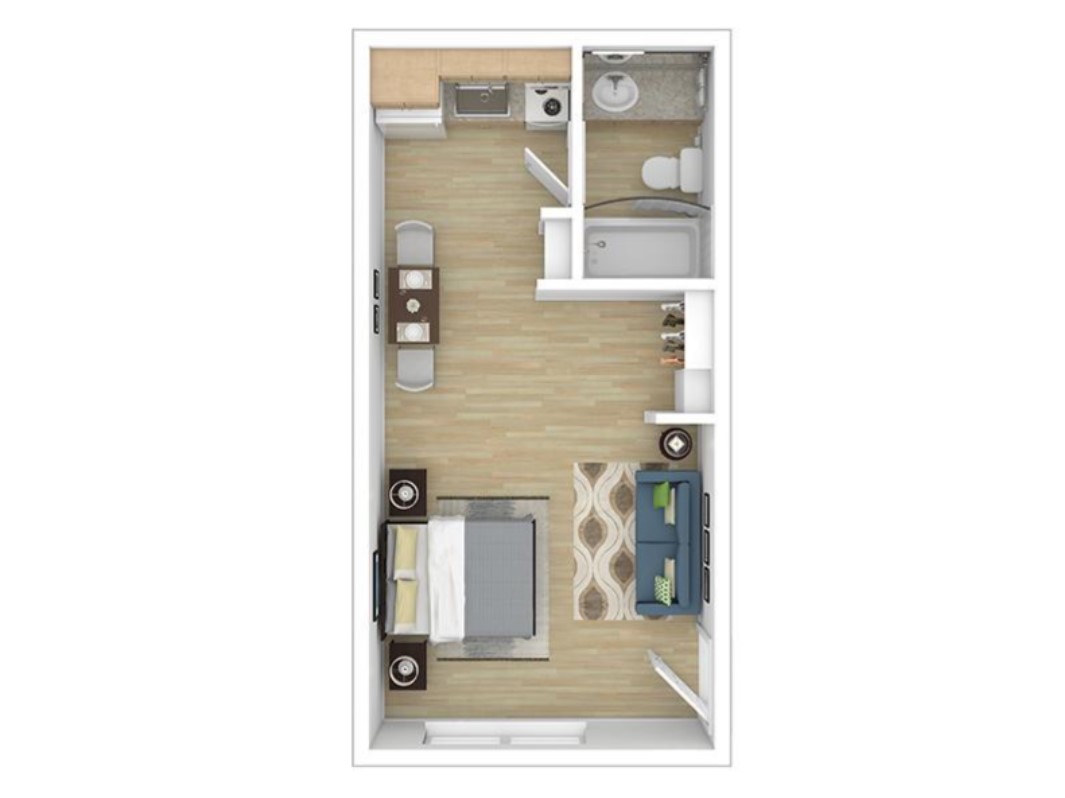 Modern studio apartment floor plan with a cozy living area, functional kitchen, and elegant bathroom setup.