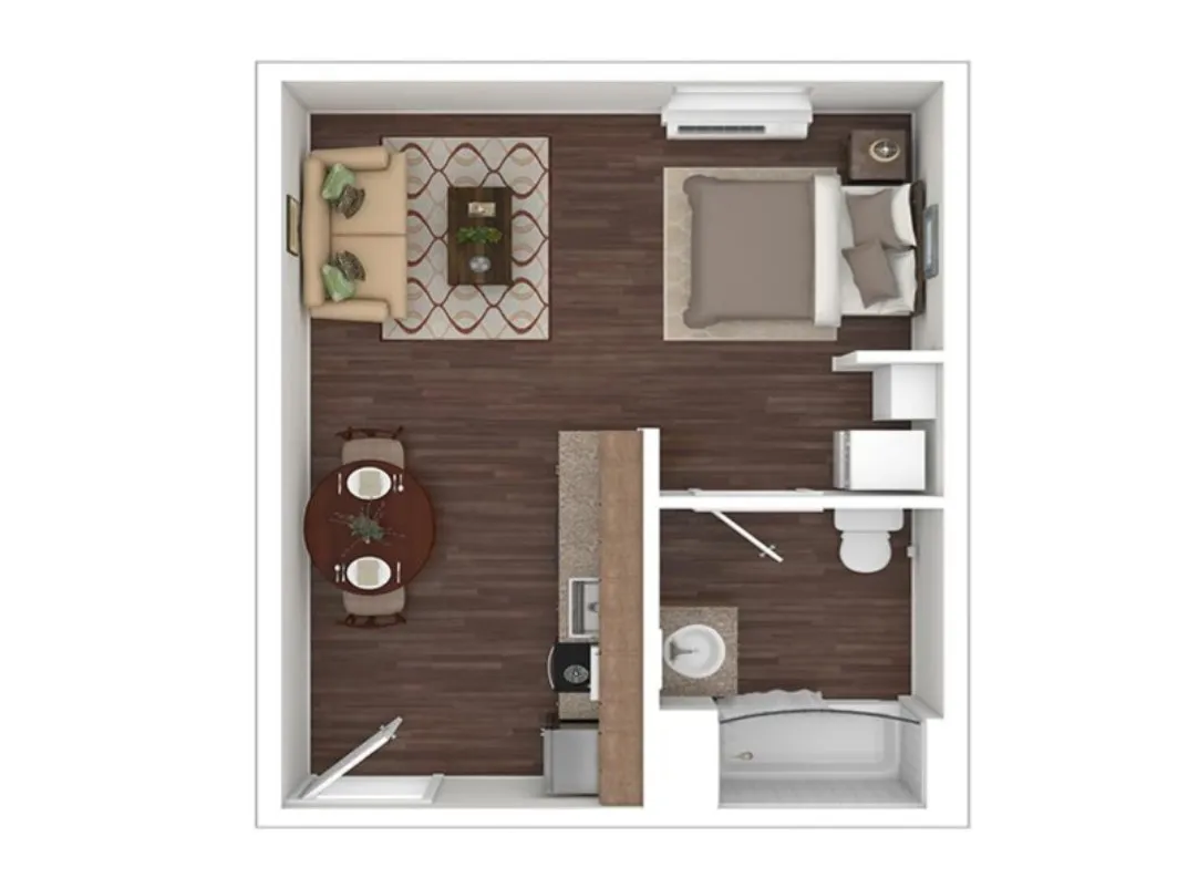 Modern studio apartment floor plan with open lounge area, cozy bedroom, compact kitchen, and stylish bathroom.