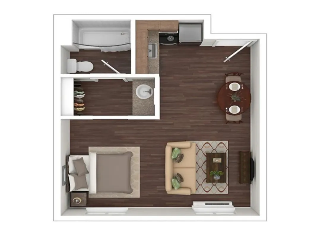 Modern studio apartment floor plan with an open living area, cozy bedroom, integrated kitchen, and a stylish bathroom.