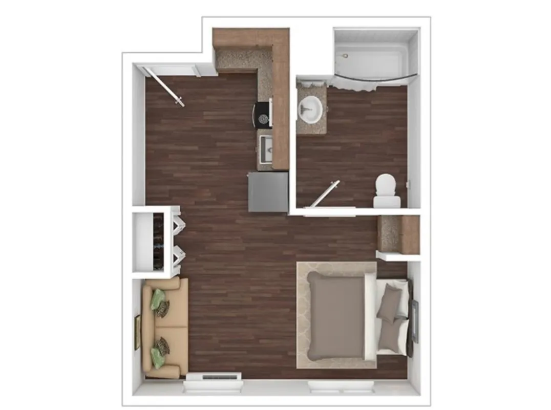 Cozy studio apartment floor plan featuring an open kitchen, elegant bathroom, and a welcoming living-sleeping area.