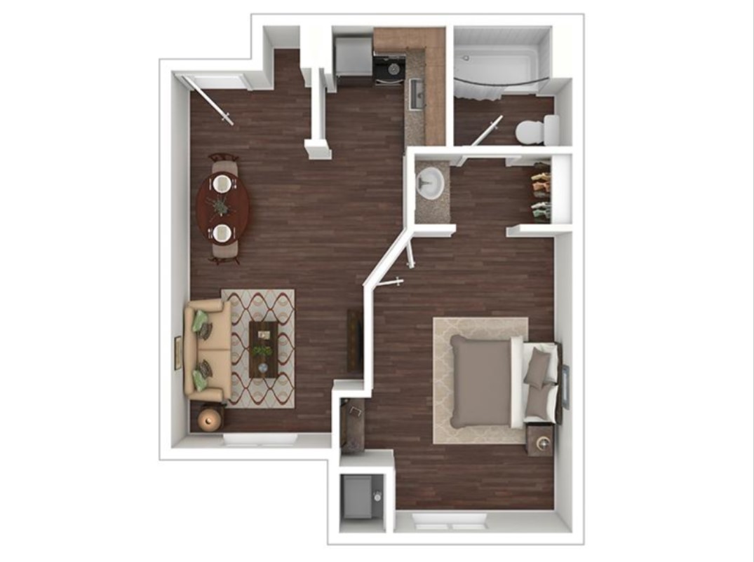Charming 1-bedroom apartment floor plan with open-concept living area, compact kitchen, and sleek bathroom.