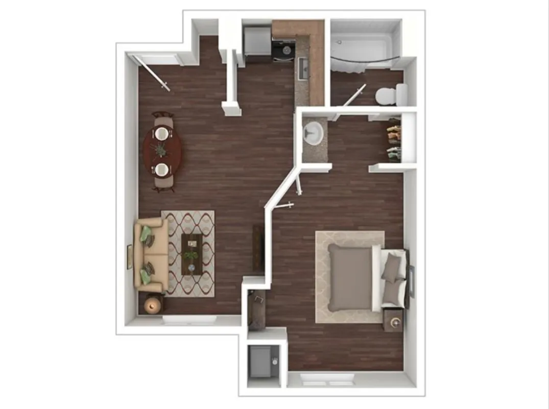 Modern one-bedroom floor plan with an inviting open-concept living and dining area, elegant kitchen, and stylish bathroom layout.