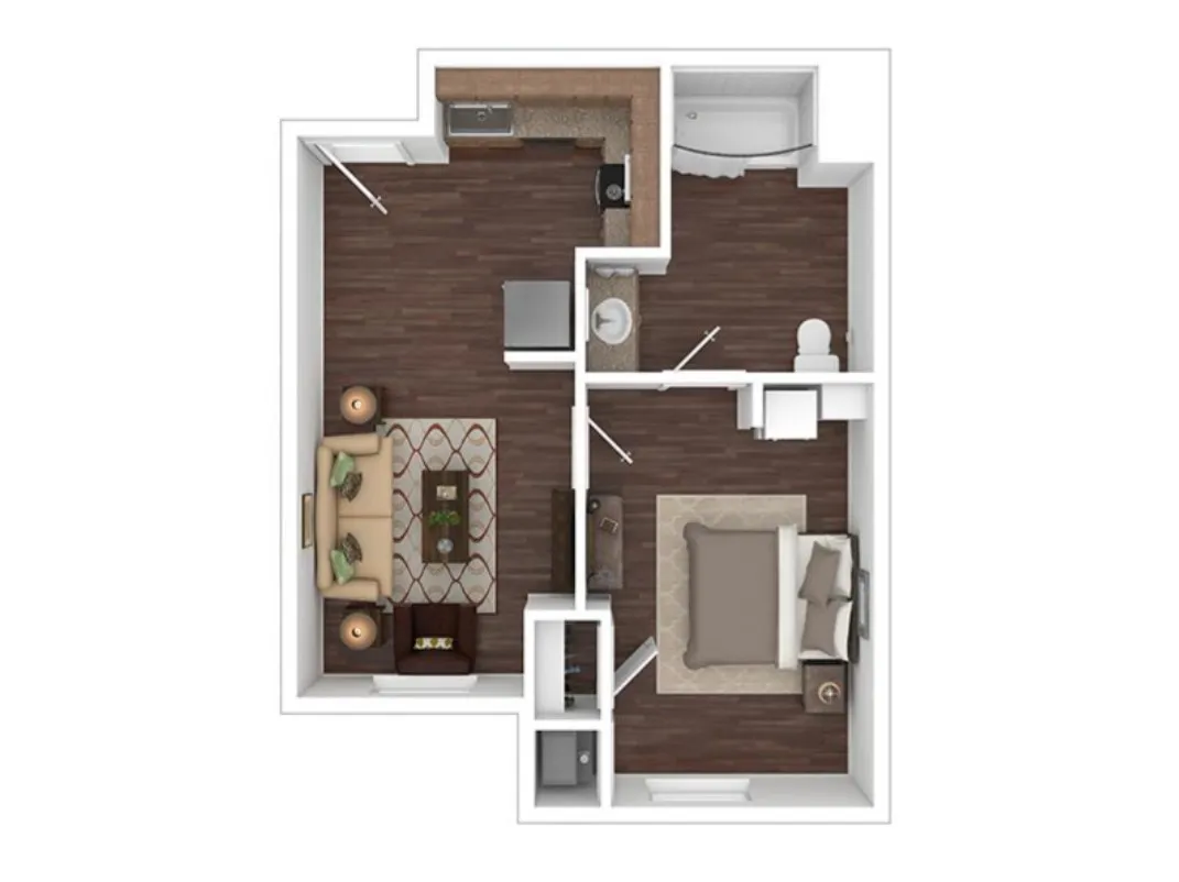 Modern 1-bedroom apartment floor plan featuring an open living area, compact kitchen, and sleek bathroom.