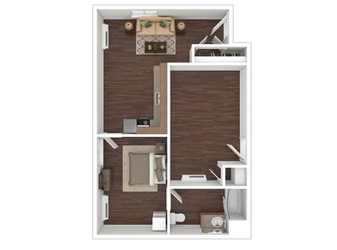 Modern 3D floor plan showcasing a spacious one-bedroom apartment with an open-concept living area and sleek kitchen design.