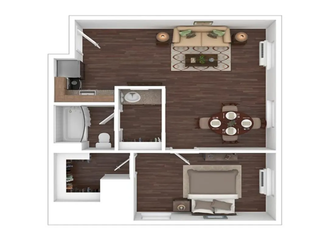 Modern 1-bedroom apartment floor plan with a spacious open living room, stylish kitchen, cozy dining area, and elegant bathroom.