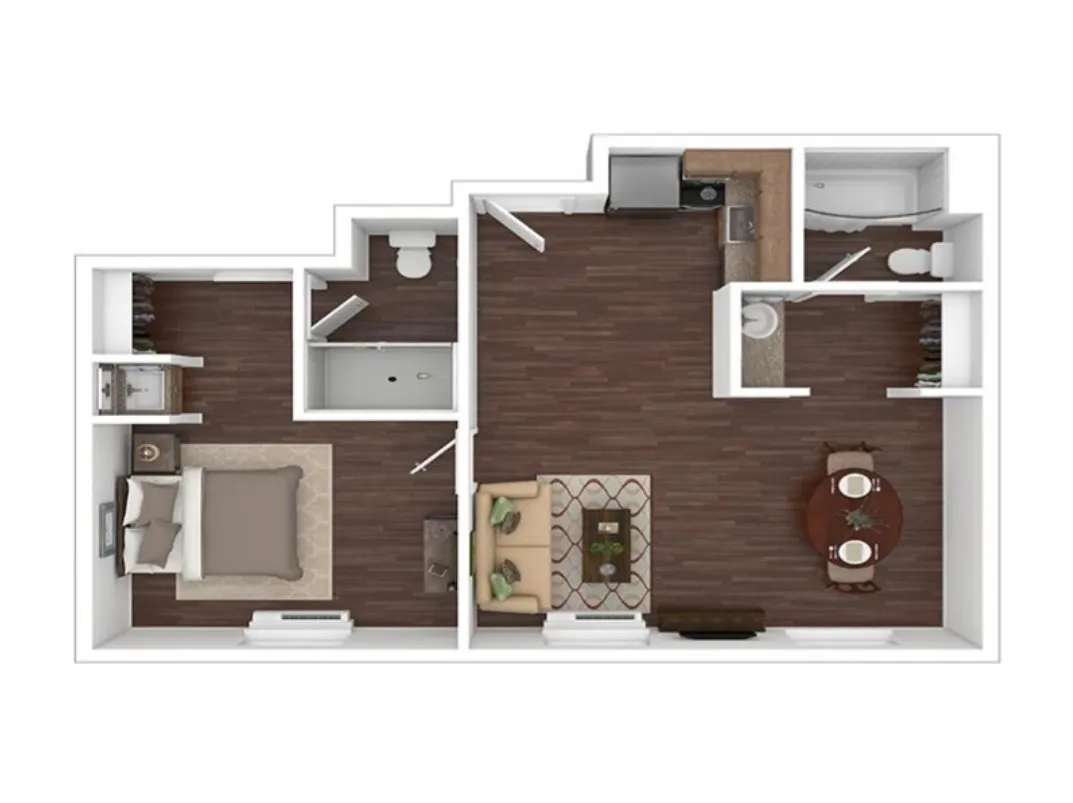 Charming 1-bedroom apartment floor plan featuring an open living and dining area, modern kitchen, and elegant wood flooring.