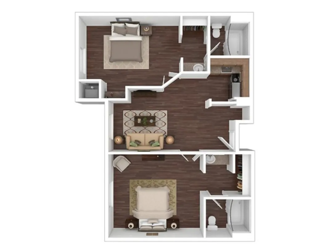 Modern 2D floor plan featuring two cozy bedrooms, inviting living area, compact kitchen, and two stylish bathrooms.