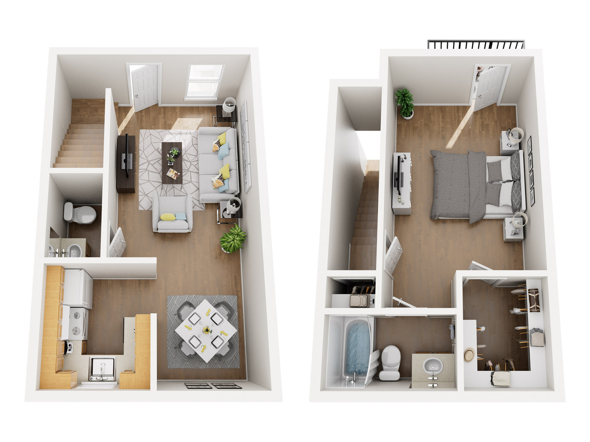 Chic 2D floor plan highlighting a modern duplex with an inviting living area, elegant bedroom, and a contemporary kitchen and dining space.