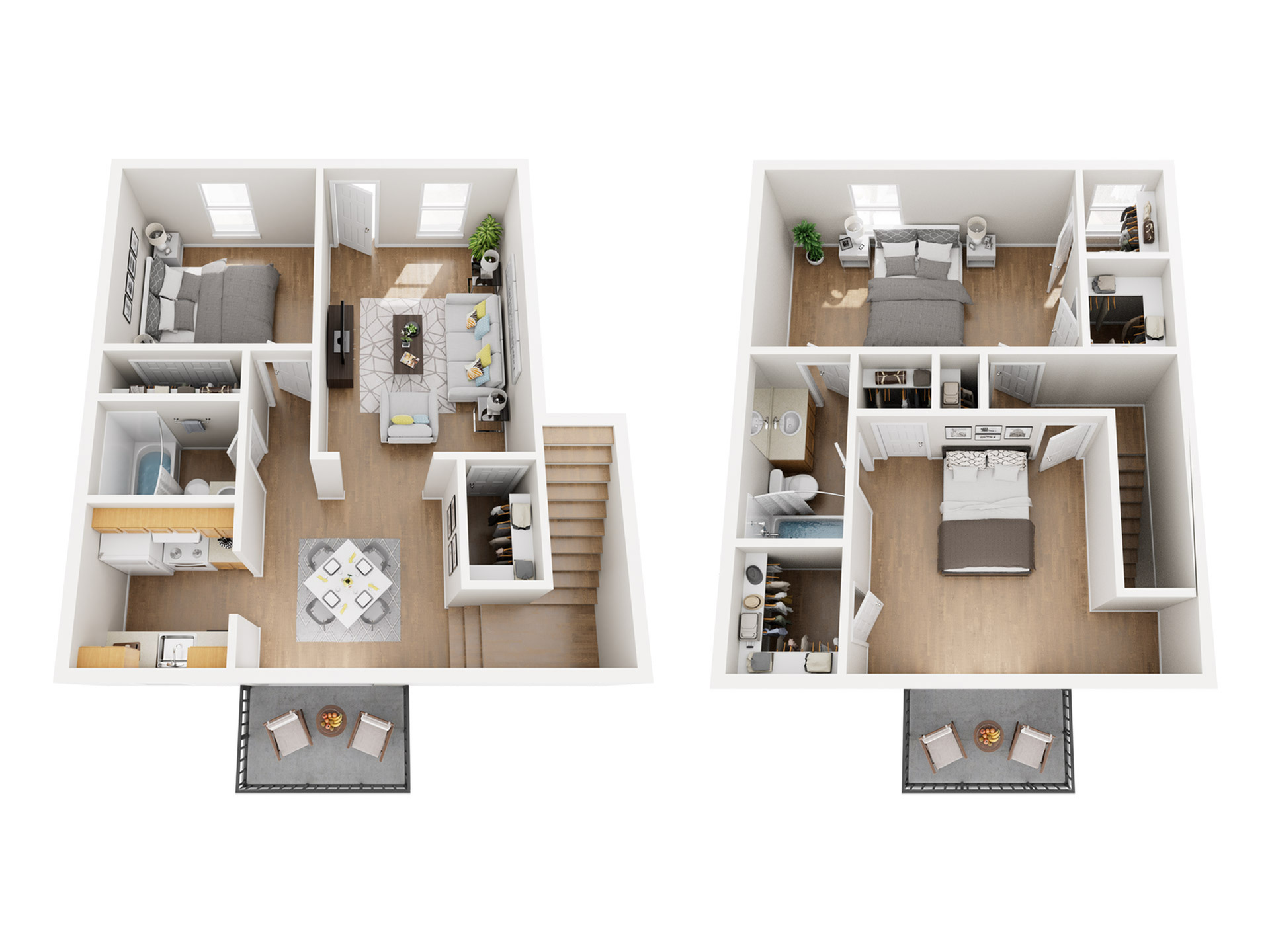 Modern 3D floor plan showcasing a stylish two-story apartment with three bedrooms, two bathrooms, cozy living and dining areas, and an outdoor patio.