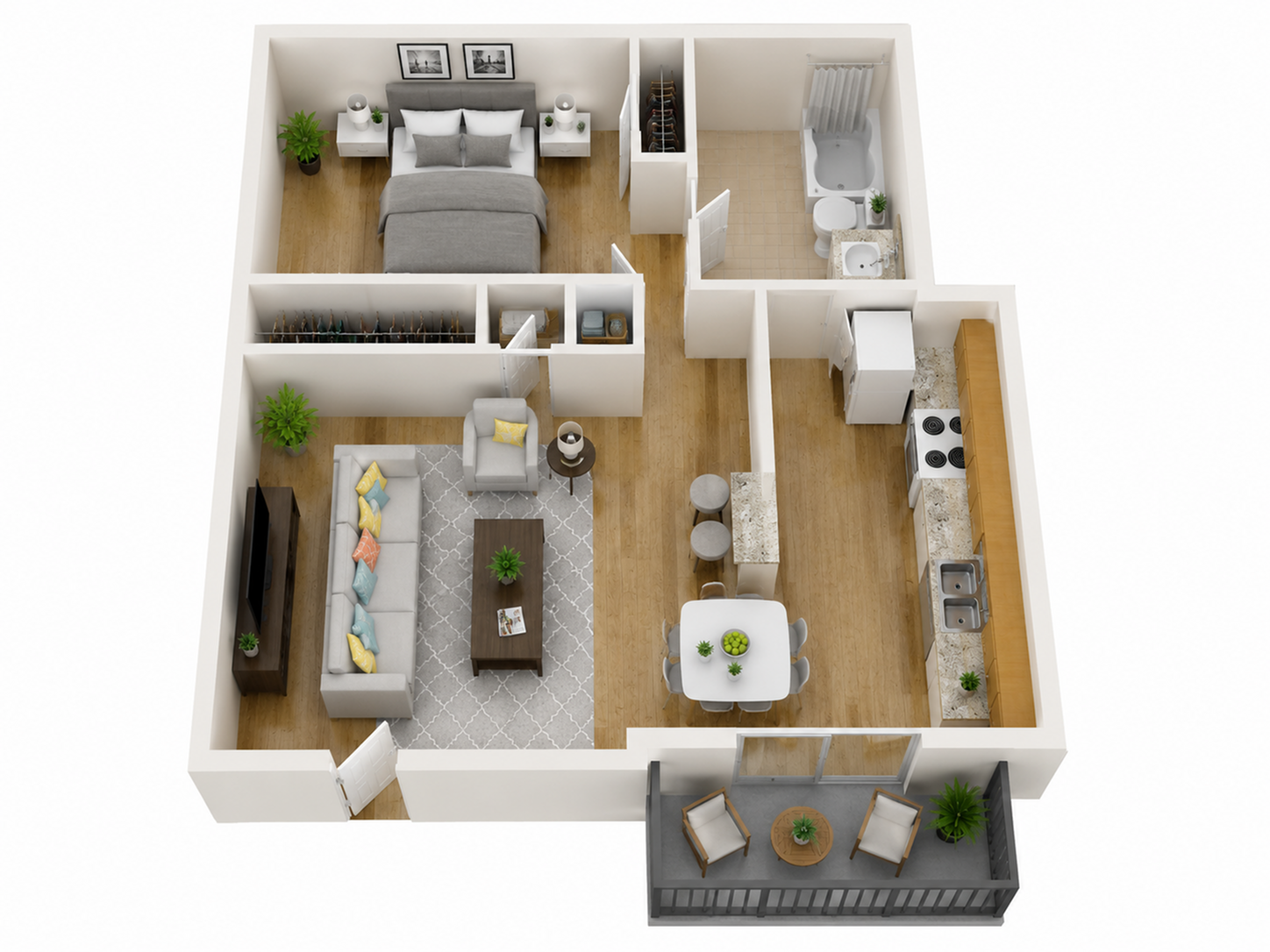 Charming 3D floor plan showcasing a cozy one-bedroom apartment with an inviting living room, modern kitchen with breakfast bar, elegant dining area, stylish bathroom, and private balcony.