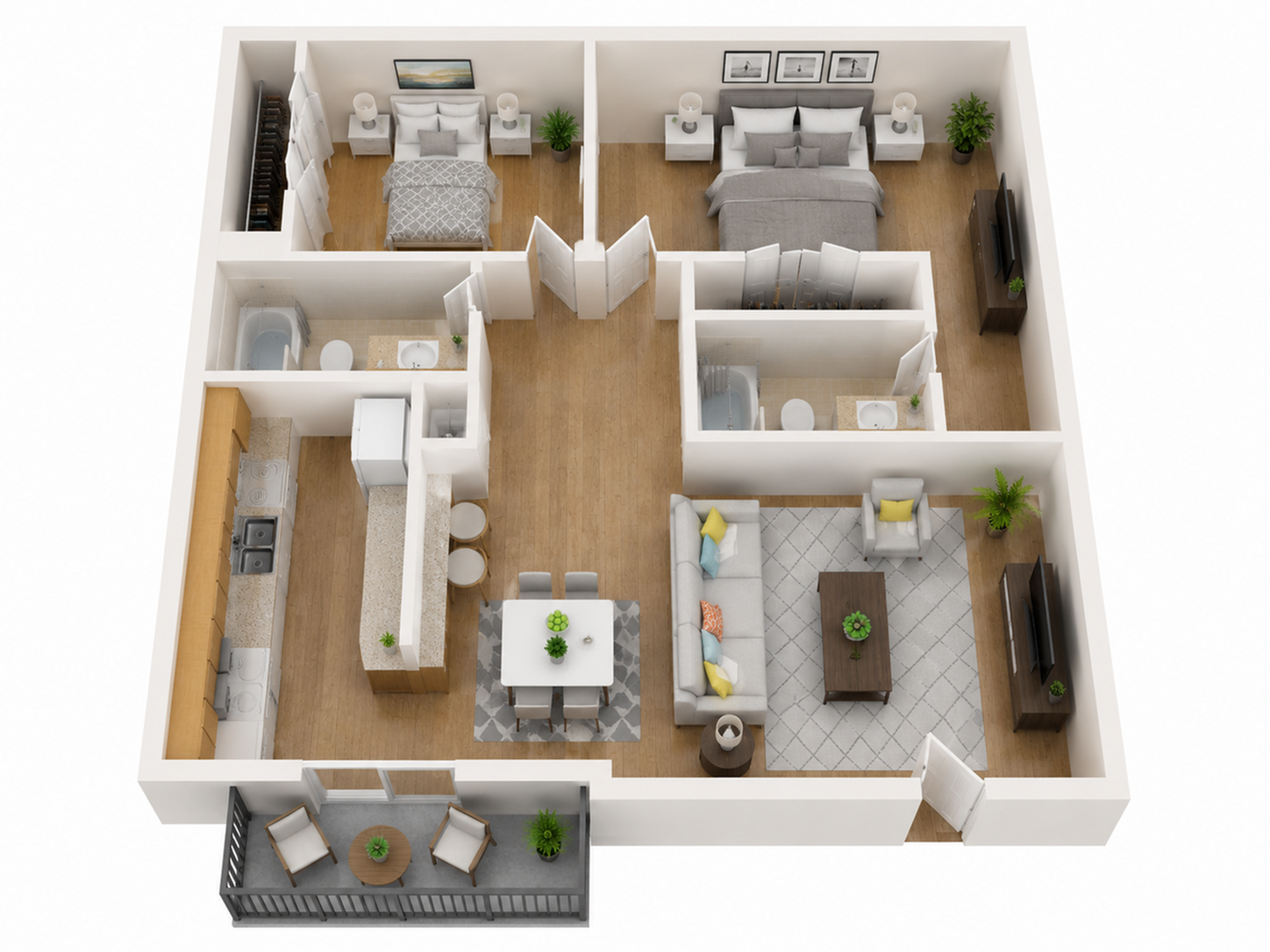 Modern 3D floor plan featuring 2 spacious bedrooms, 2 bathrooms, an open-concept kitchen with breakfast bar, and a cozy living room leading to a private balcony.