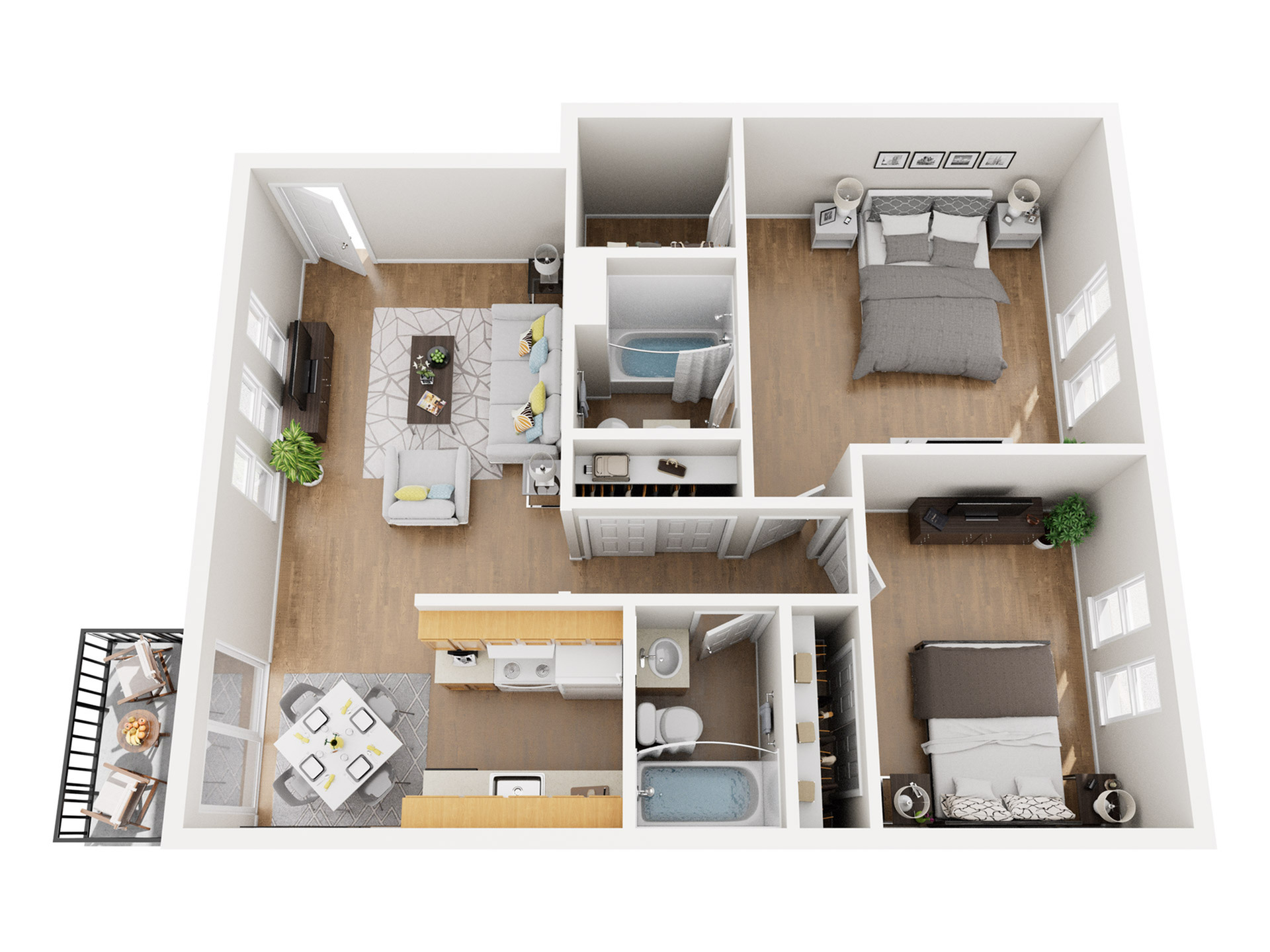 Bright 3D floor plan featuring two spacious bedrooms, a cozy living room, modern kitchen, and inviting balcony space.