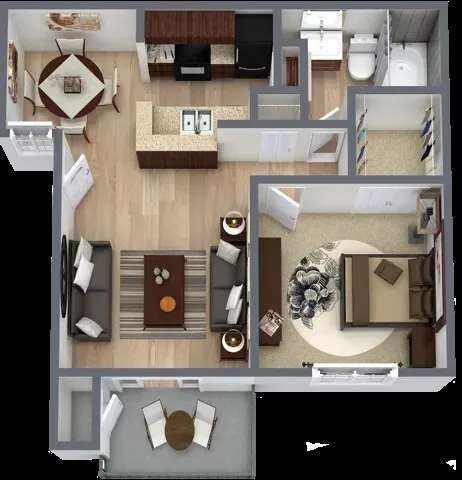Floorplan A1 at 4060 Preferred Place, Dallas, TX – a modern 578 sq ft apartment layout featuring 1 bedroom, 1 bathroom, an open-concept living area, contemporary kitchen, and ample storage