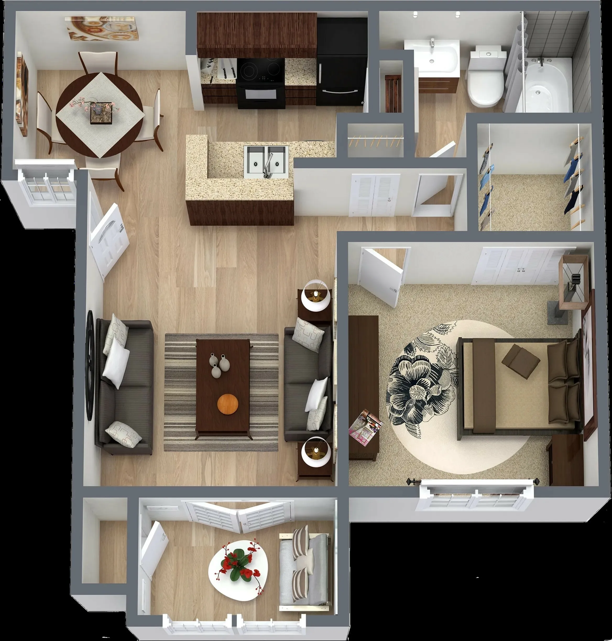 Floorplan A2 at 4060 Preferred Place, Dallas, TX – a 658 sq ft apartment with 1 bedroom, 1 bathroom, and an inviting sun room