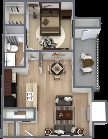 Floorplan A3 at 4060 Preferred Place, Dallas, TX – a modern 661 sq ft apartment featuring 1 bedroom, 1 bathroom, and a cozy fireplace.