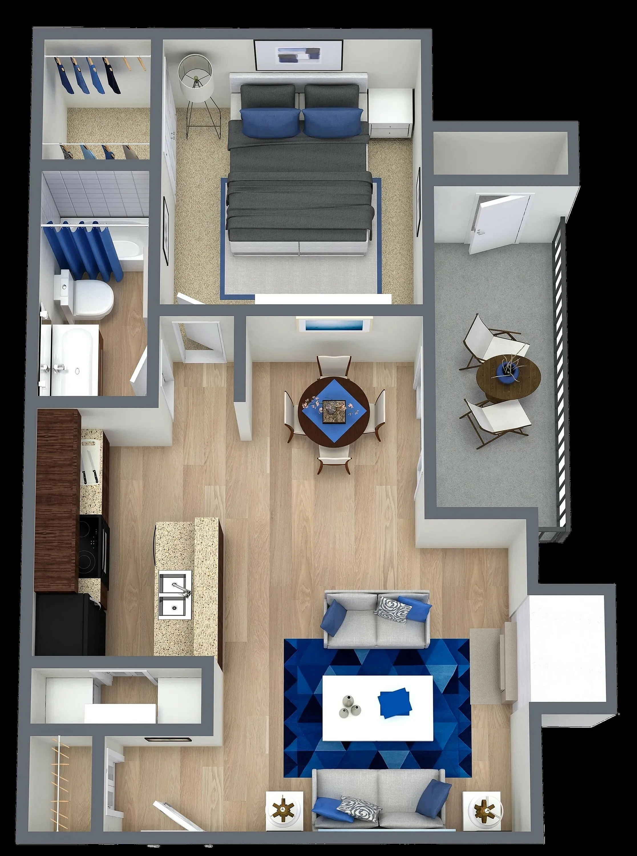 Floorplan A4 at 4060 Preferred Place, Dallas, TX – a contemporary 669 sq ft apartment featuring 1 bedroom and 1 bathroom with modern finishes.