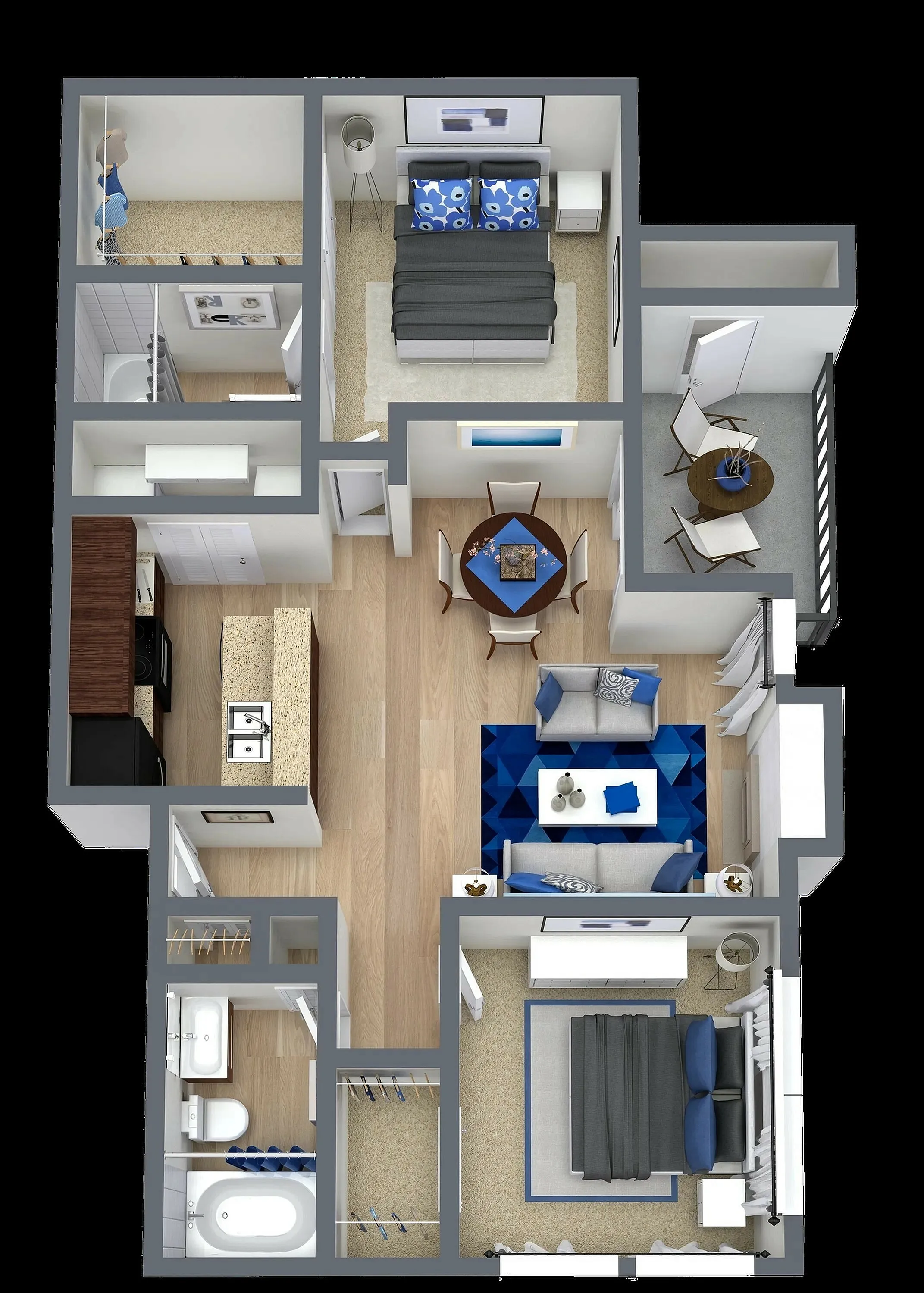 Floorplan B2 at 4060 Preferred Place, Dallas, TX – a modern 921 sq ft apartment featuring 2 bedrooms and 2 bathrooms with elegant finishes.