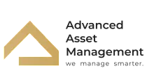 Sophisticated logo design for Advanced Asset Management featuring a minimalist gold geometric shape, representing smart and effective property management.