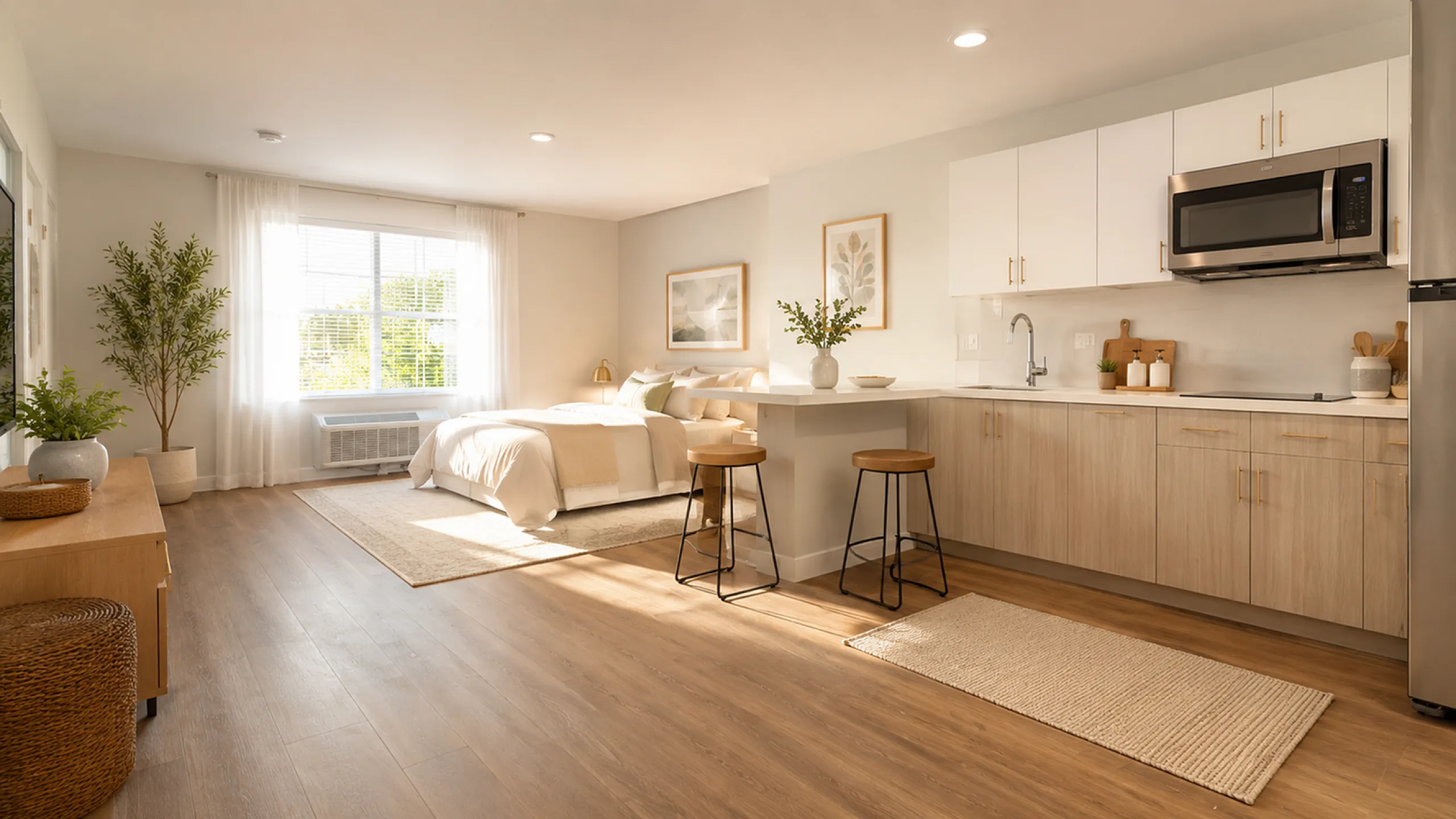 Bright and airy studio apartment with modern kitchen, cozy sleeping area, and elegant decor. Featuring warm wood flooring, natural light, and stylish furnishings.