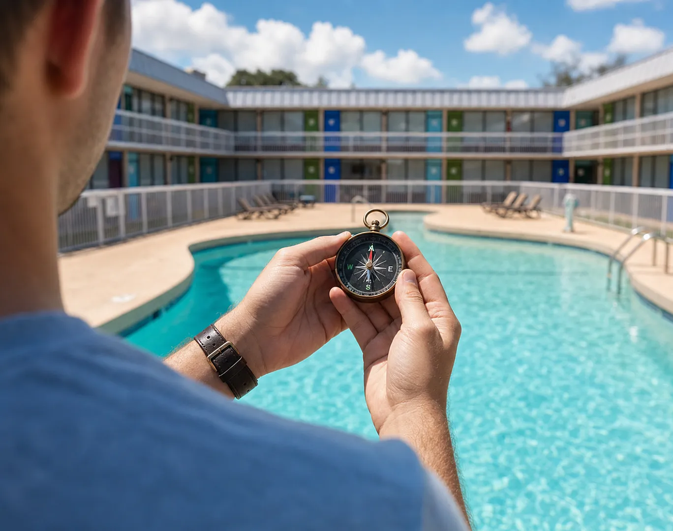 Inviting outdoor pool surrounded by modern apartments under a clear blue sky, featuring a person holding a compass.