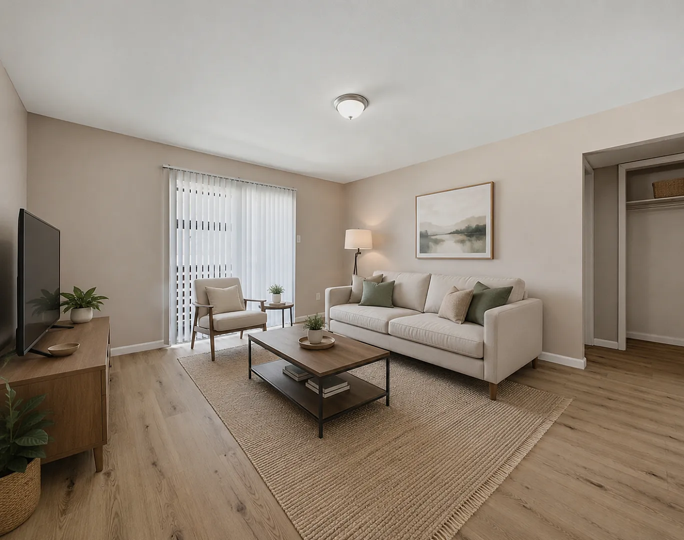 Inviting living room with stylish decor, cozy sofa, and abundant natural light through large window.