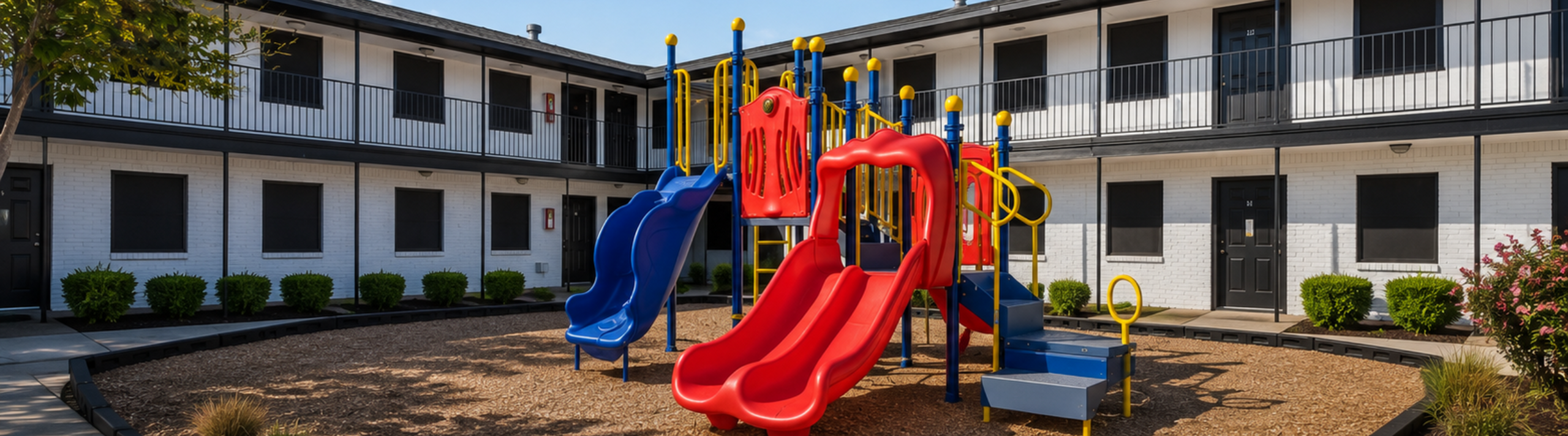 Inviting apartment courtyard featuring a vibrant children's playground with colorful slides and lush greenery, ideal for family living.