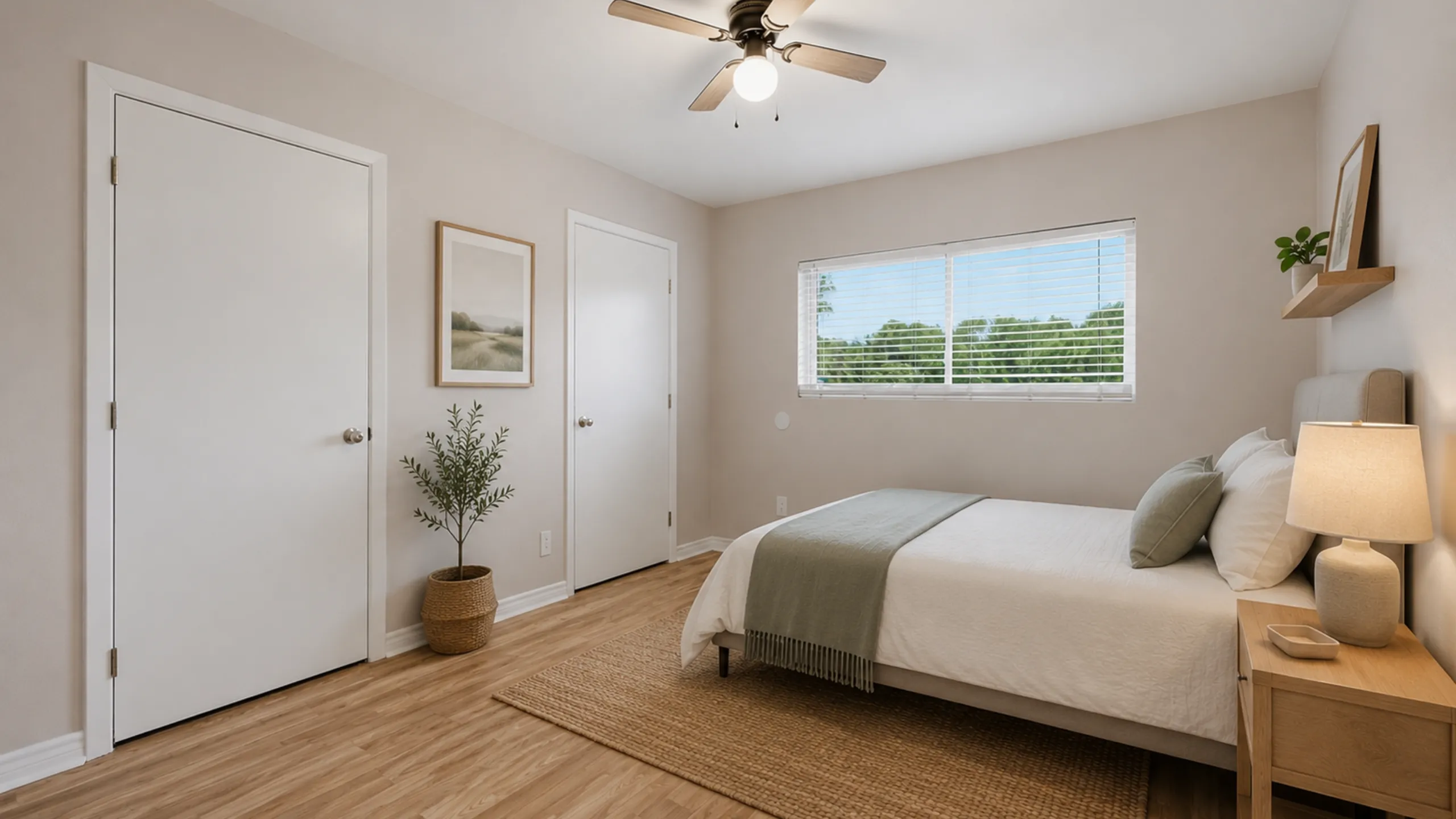 Bright and inviting bedroom with a cozy bed, elegant decor, and abundant natural light through large window.