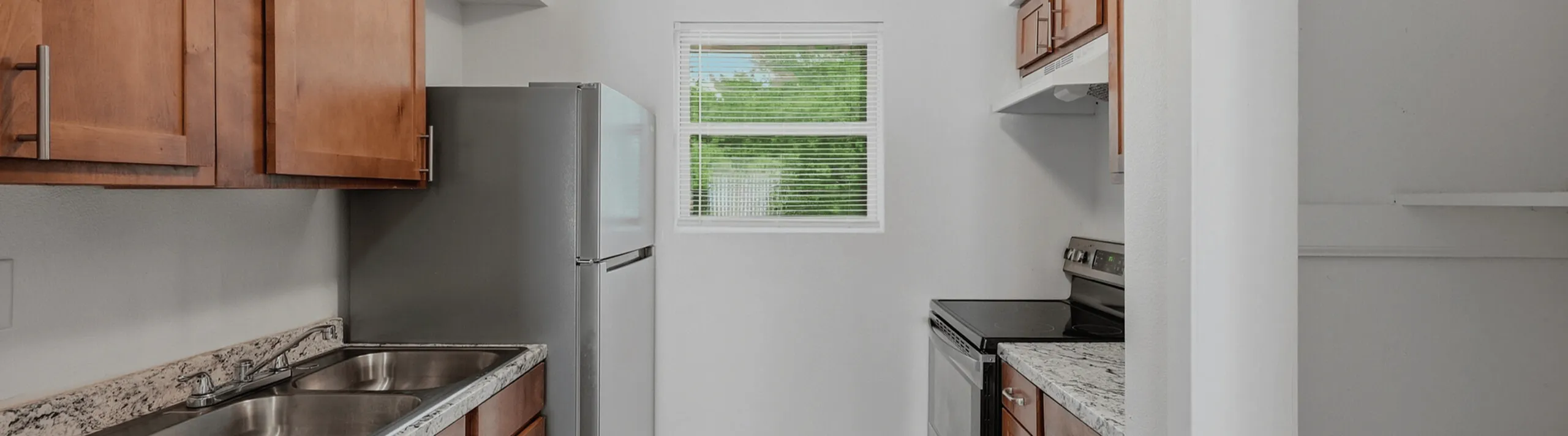 Modern kitchen with sleek granite countertops, stainless steel appliances, and elegant wooden cabinets, offering abundant natural light through a large window.