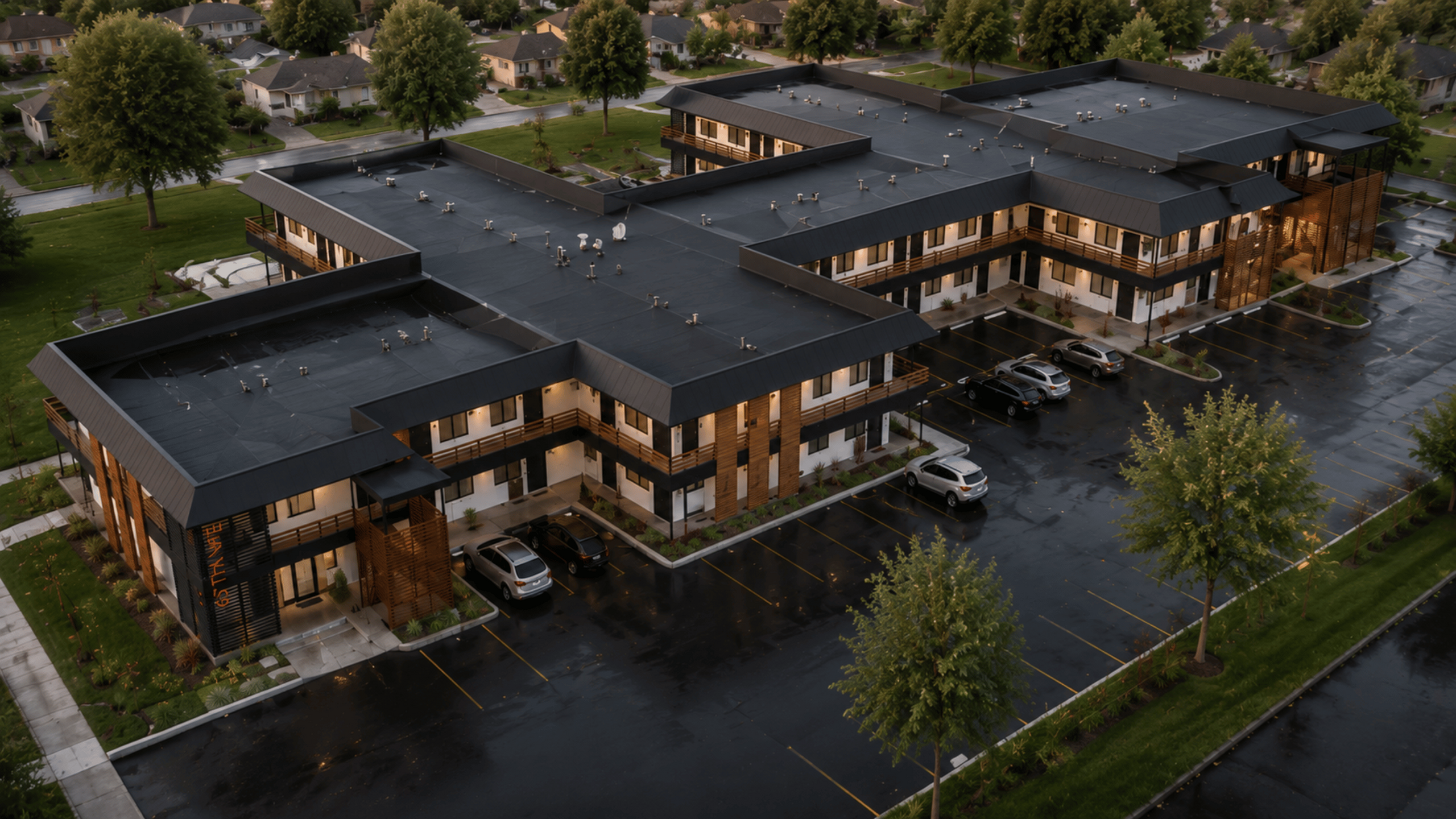 Modern apartment complex with a sleek design, featuring ample parking and surrounded by lush greenery in a serene neighborhood.