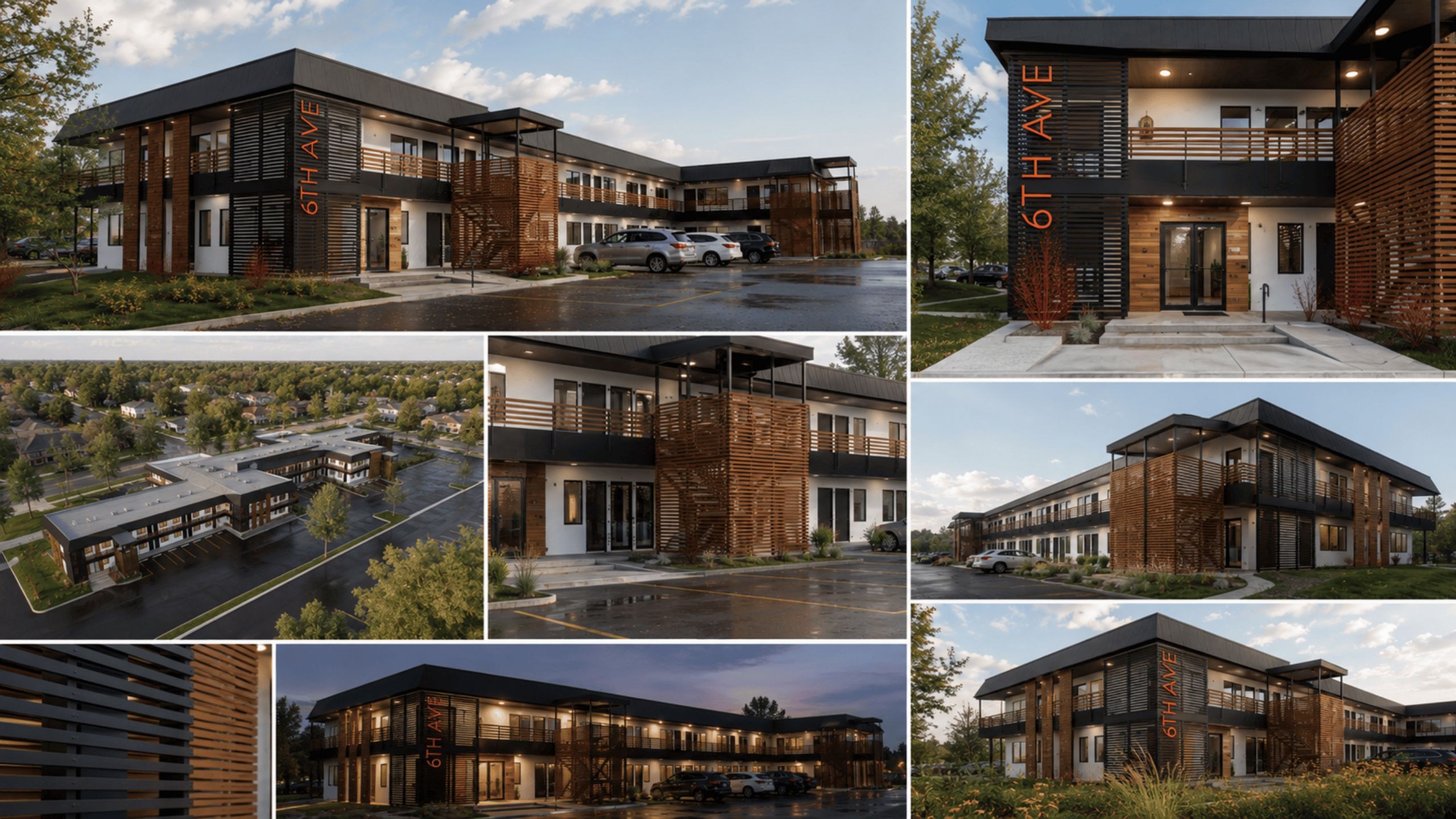 Modern apartment complex with contemporary design, featuring sleek wooden paneling and ample parking, set in a lush suburban area with well-maintained landscaping.