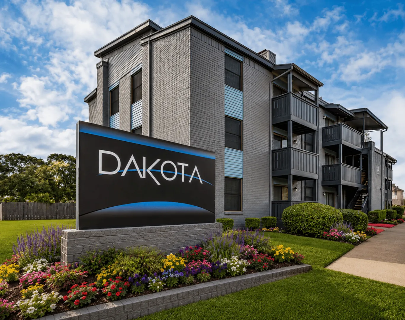 Charming Dakota apartment complex with modern architecture, lush landscaping, and vibrant floral displays.