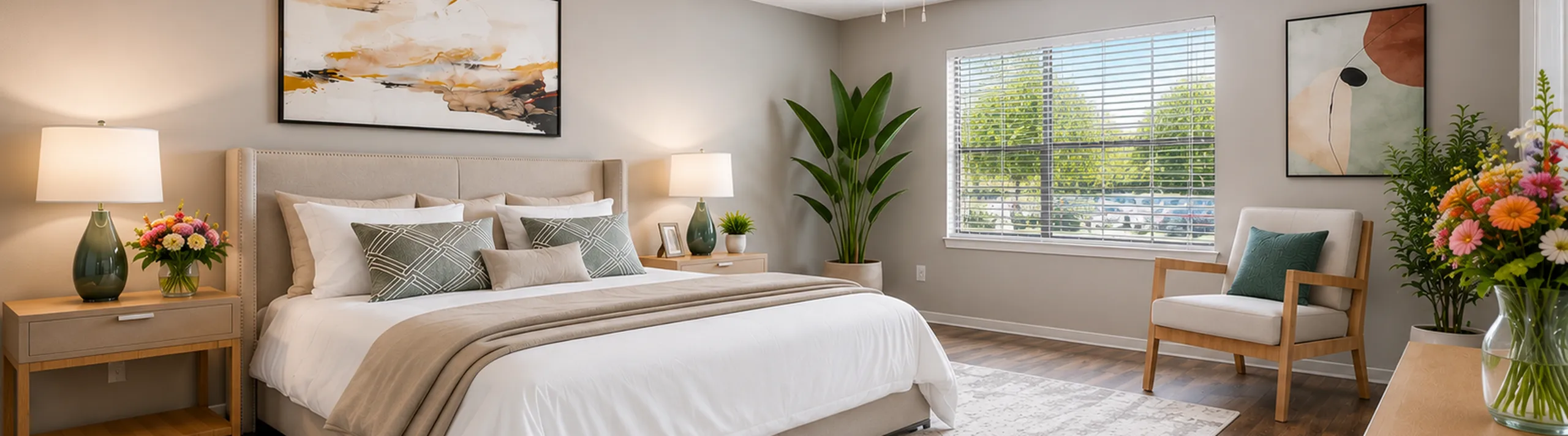 Bright and airy bedroom with a plush bed, stylish decor, and large window overlooking greenery.