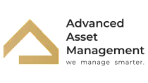 Elegant logo for Advanced Asset Management, featuring a stylized gold roof icon and the tagline 'we manage smarter.'