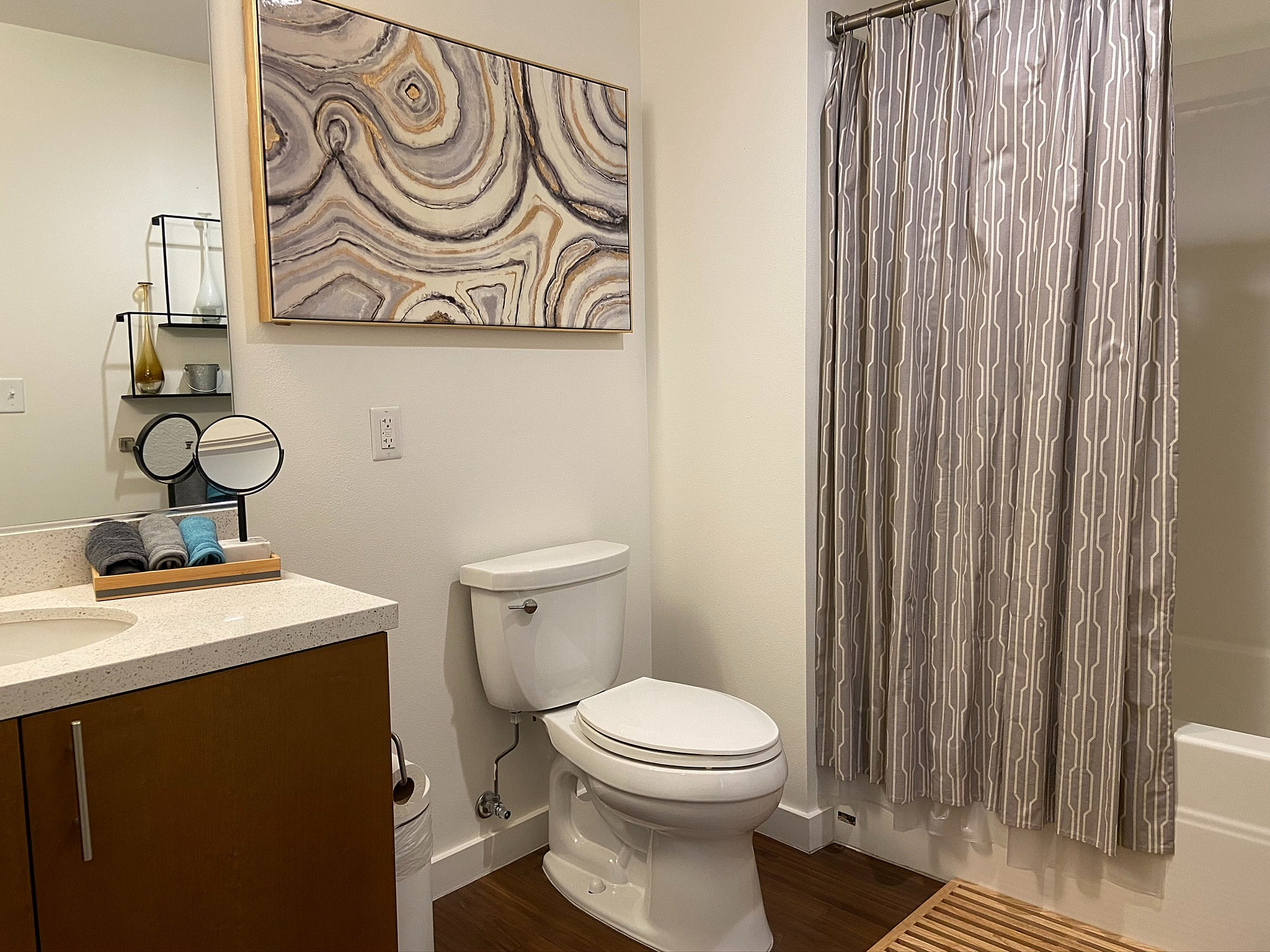 Elegant bathroom featuring modern decor with abstract wall art, sleek vanity, and sophisticated shower curtain.