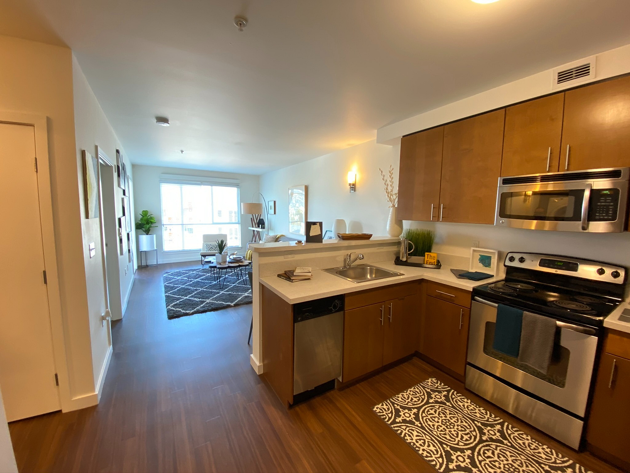 Bright open-concept kitchen-living area with modern stainless steel appliances, cozy decor, and wood flooring.