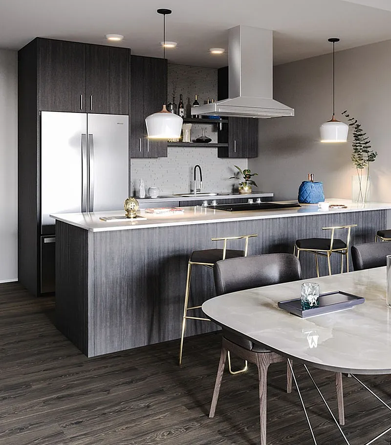 Contemporary kitchen with elegant dark wood finishes, modern pendant lighting, and a sleek marble dining table.