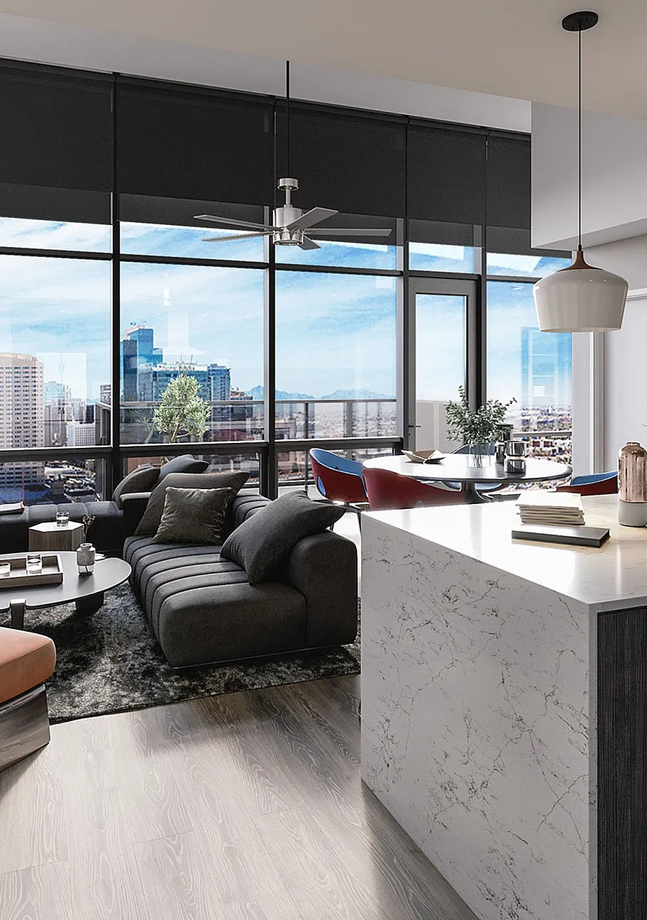 Luxurious city apartment interior featuring a stylish living room with large windows, modern couch, and chic kitchen island with marble countertop overlooking stunning urban views.