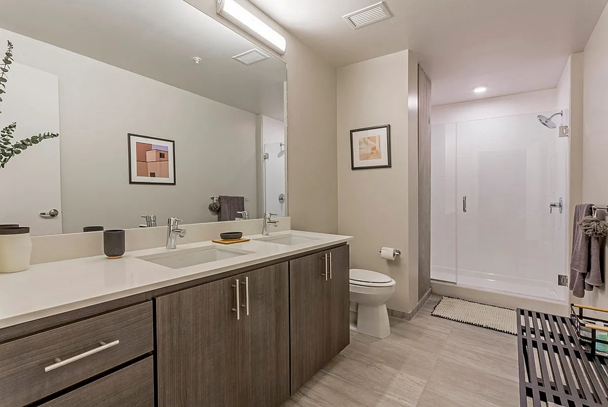 Modern bathroom with elegant dual sinks, sleek cabinetry, a large mirror, and a spacious walk-in shower.