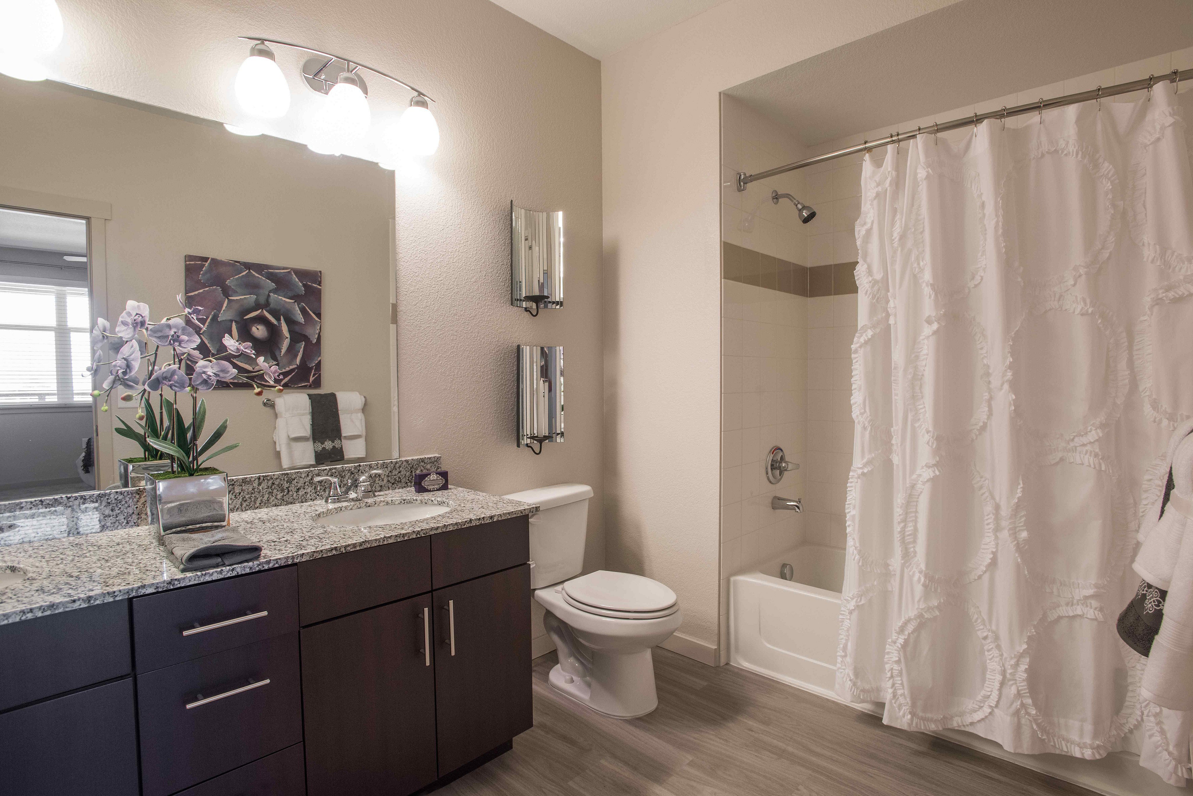 Elegant bathroom featuring chic granite countertops, modern lighting, and stylish decor with a relaxing bathtub and shower.