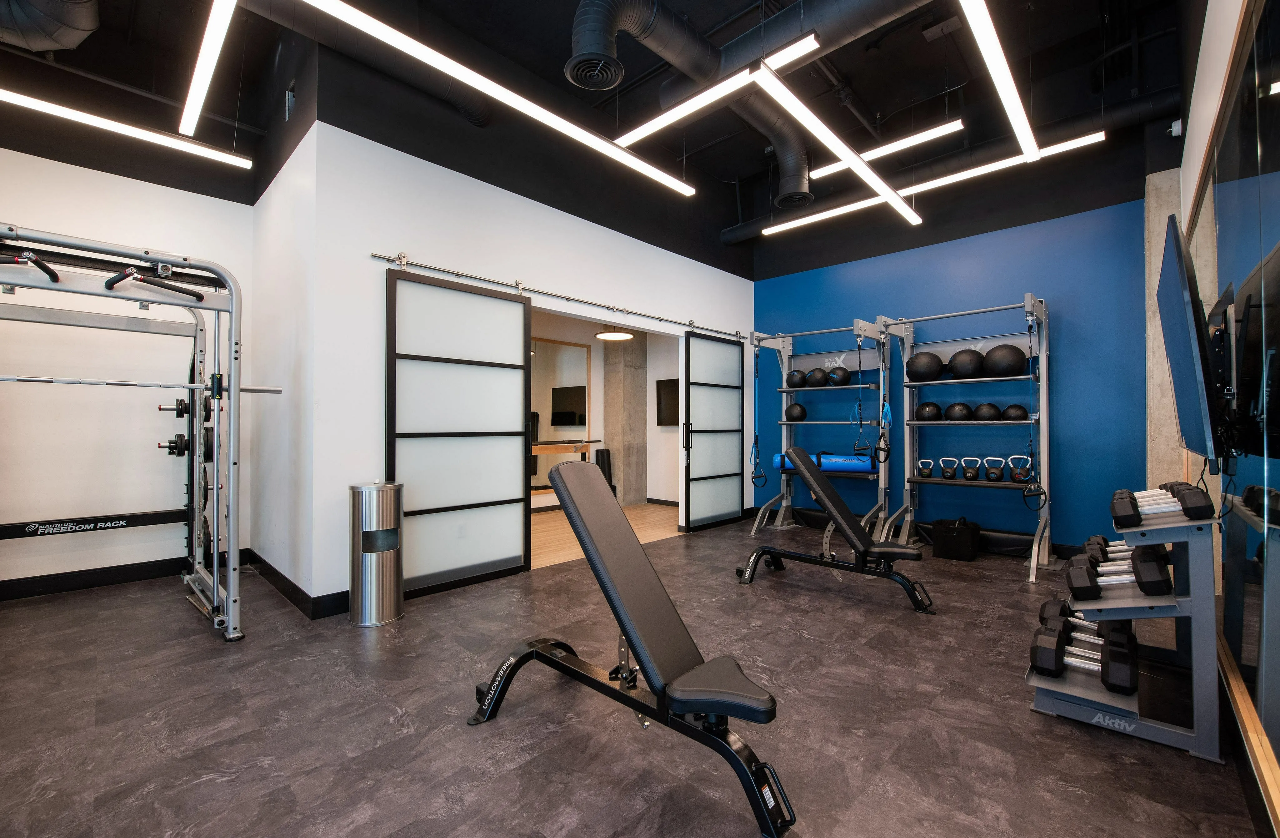 Modern gym with high-end equipment, sleek blue accents, and spacious design for a premium workout experience.
