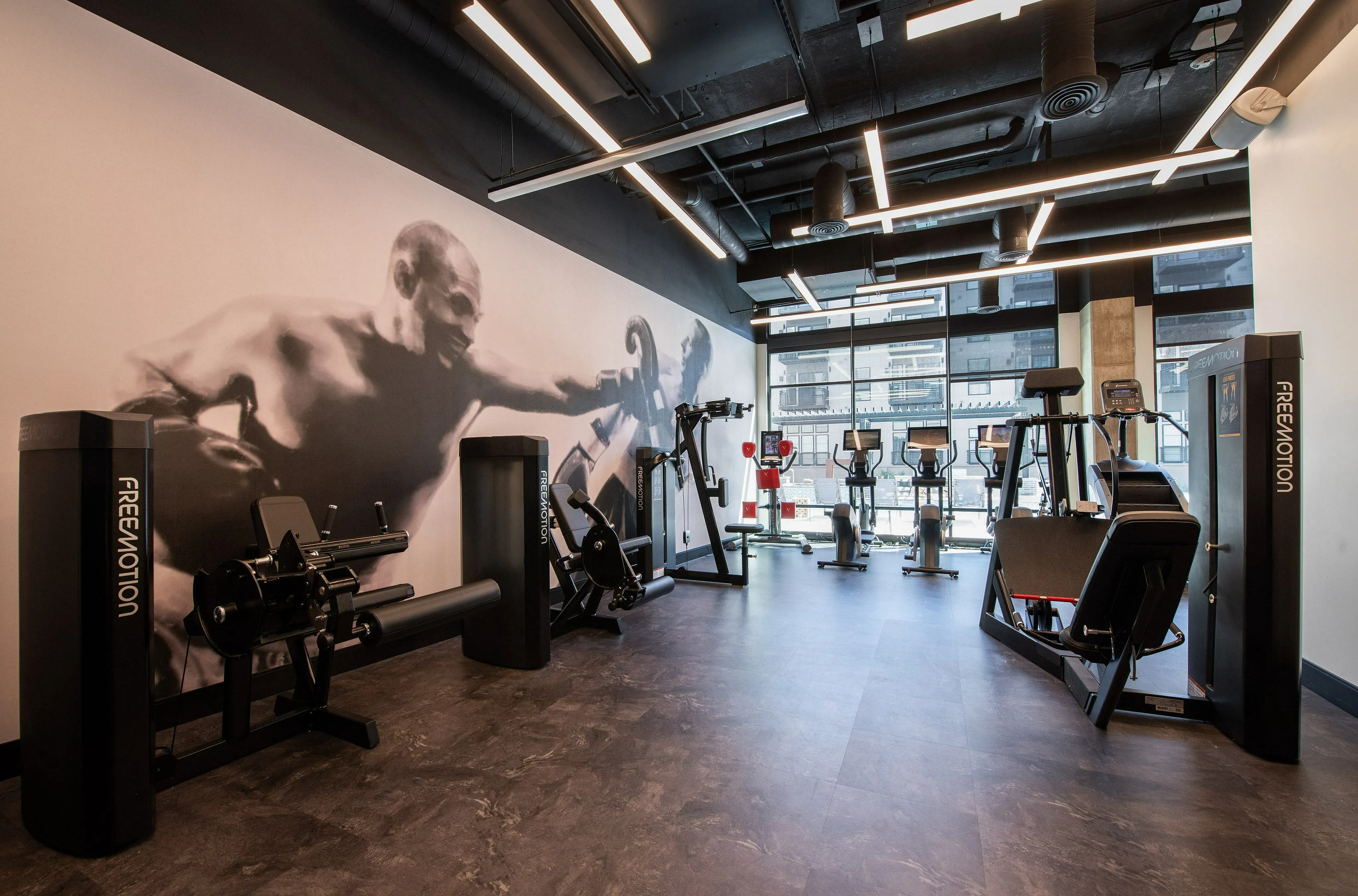 Modern fitness center with state-of-the-art Freemotion equipment, inspiring wall mural, and ample natural light.