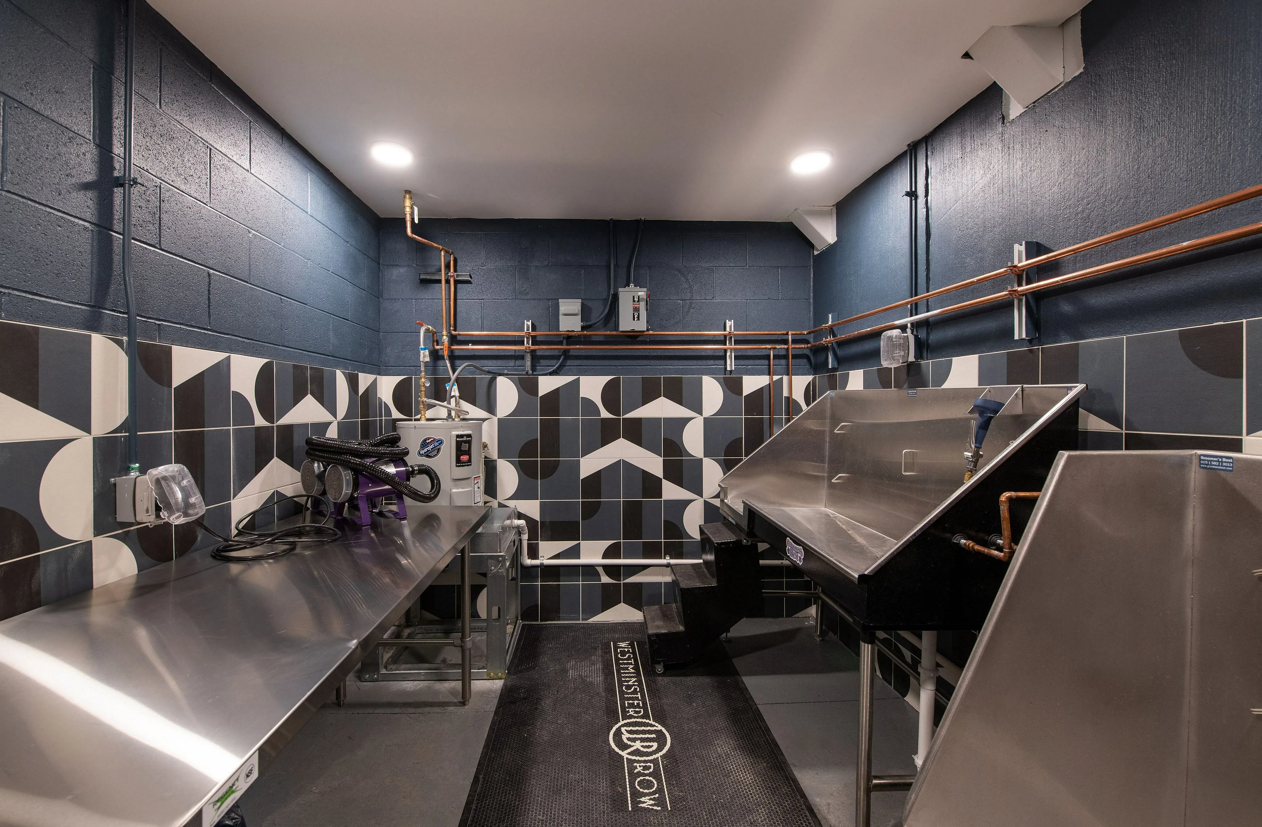 Modern pet grooming room with geometric tile design, featuring stainless steel counters and an ergonomic washing station.