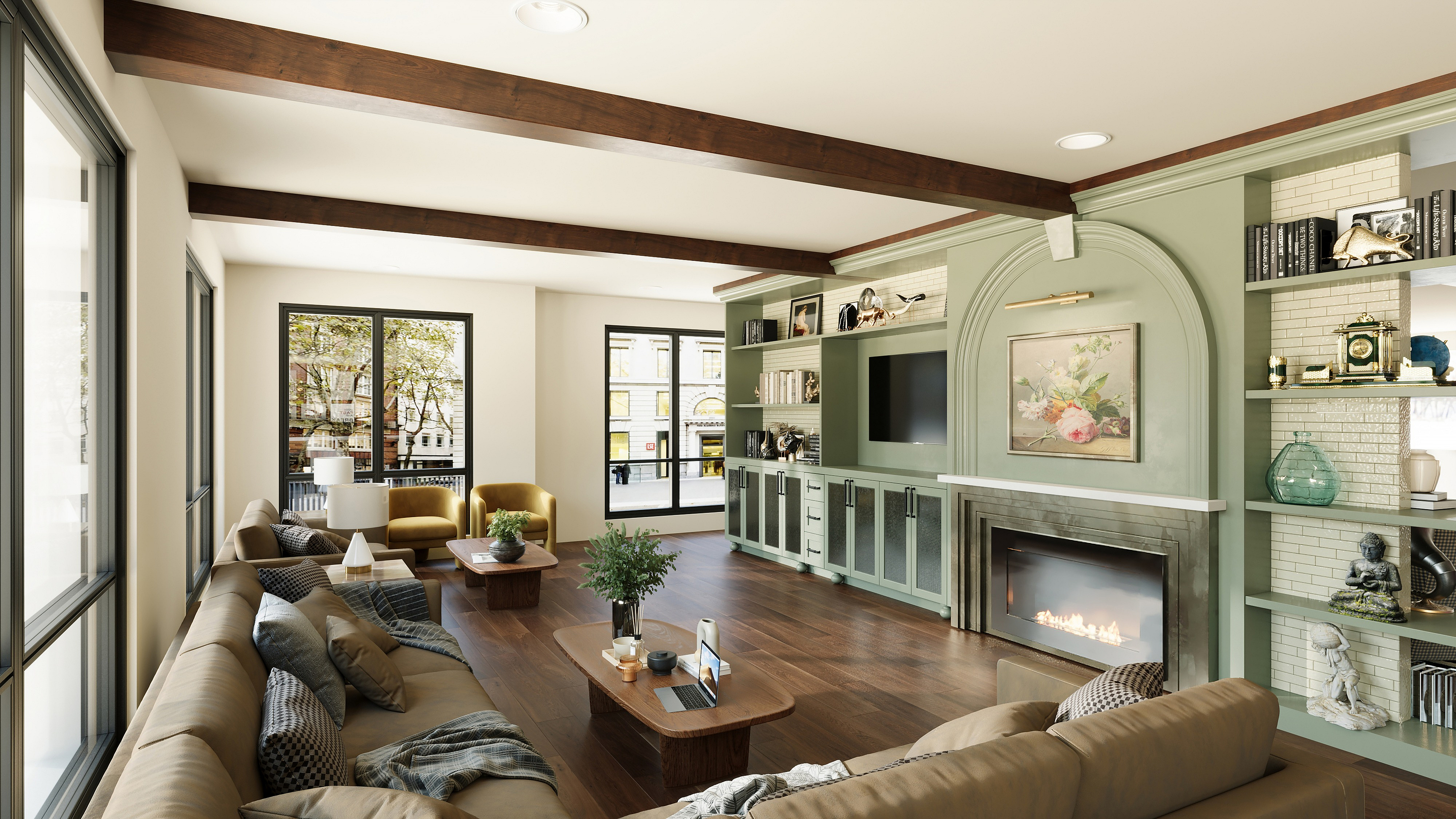 Elegant living room with modern fireplace, stylish built-in shelving, and large windows offering abundant natural light.
