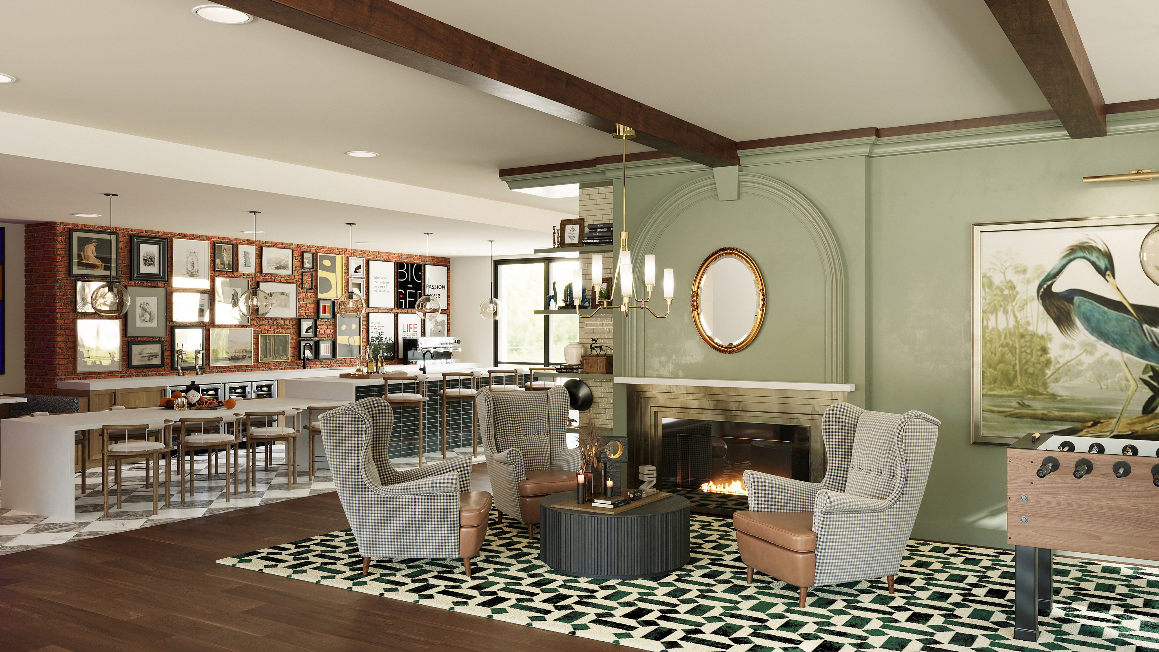 Chic and inviting lounge area with comfortable armchairs, a cozy fireplace, stylish modern bar, and vibrant artwork.