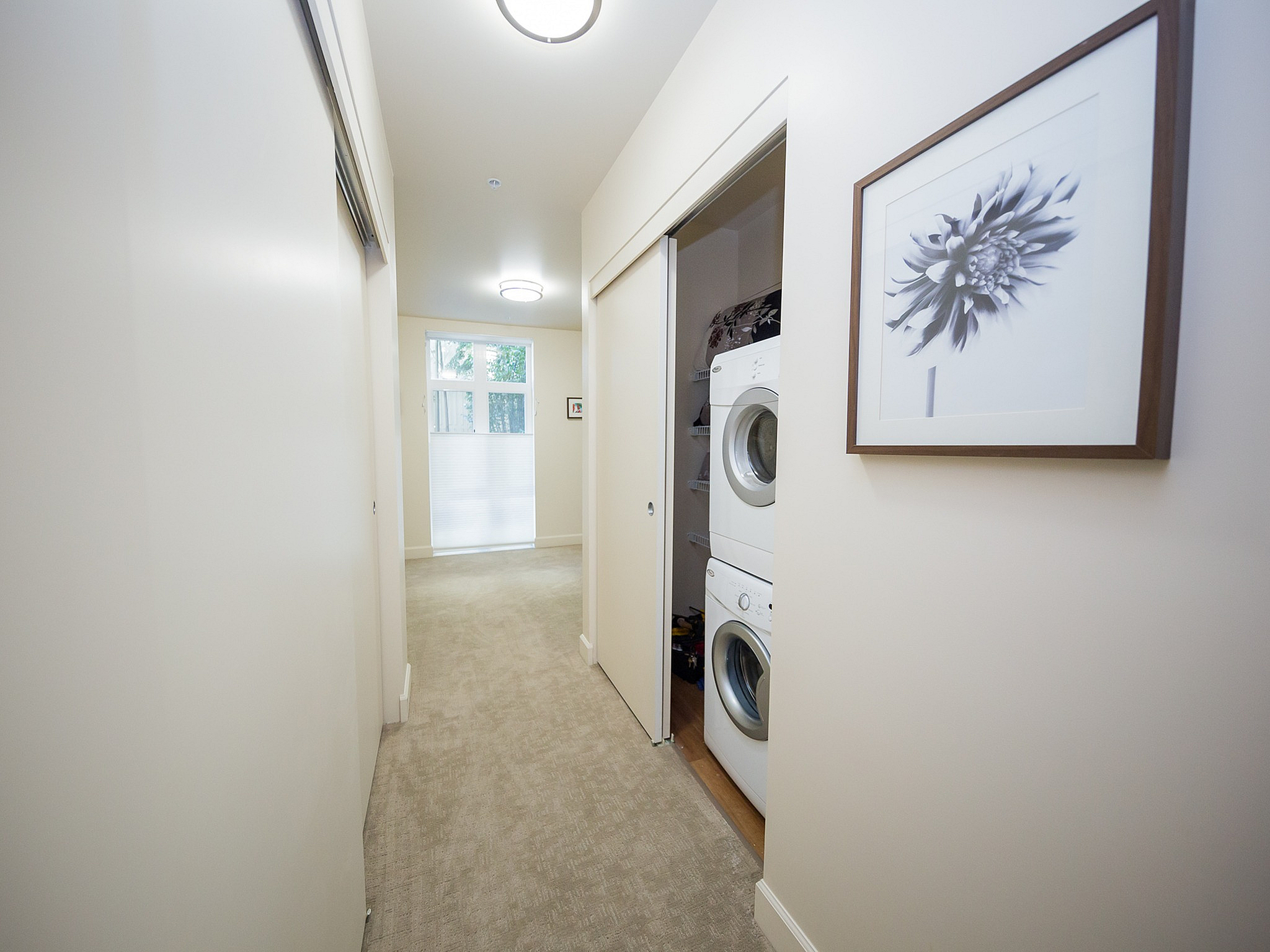 Bright hallway with elegant artwork and in-unit laundry, leading to a sunlit window view.