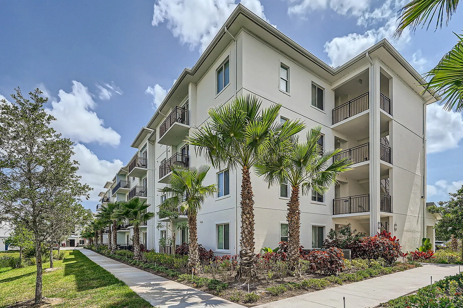 Contemporary apartment building with lush palm trees and vibrant landscaping under a bright blue sky.