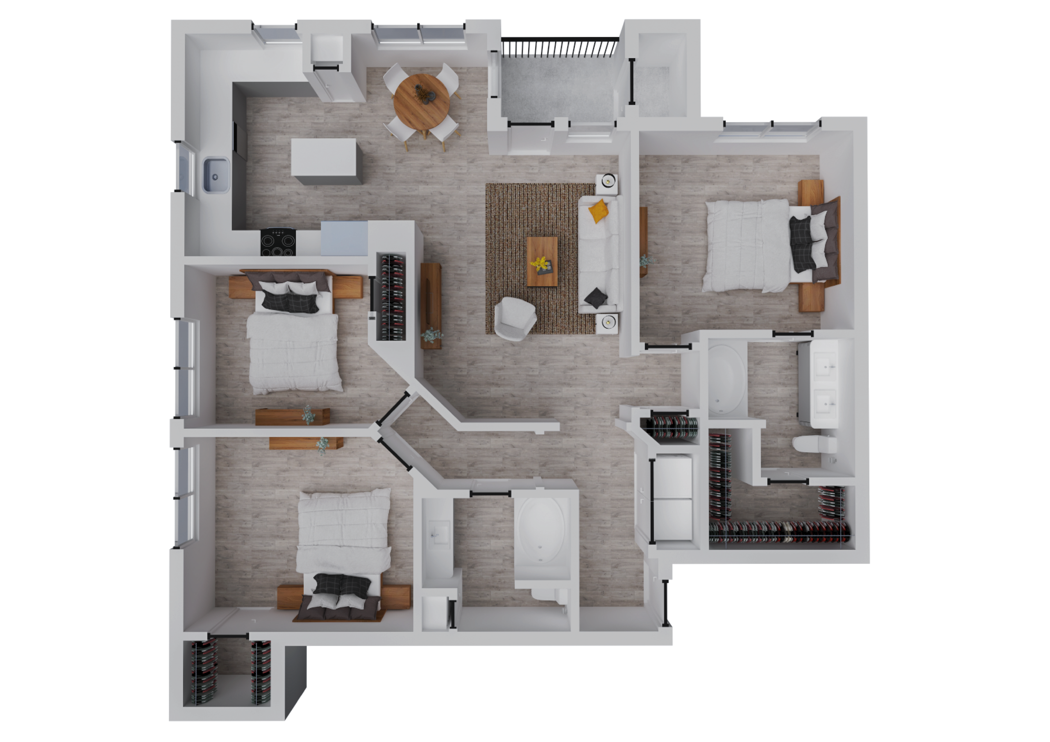 Elegant floor plan showing three bedrooms, a stylish living area, and a modern kitchen with dining space.