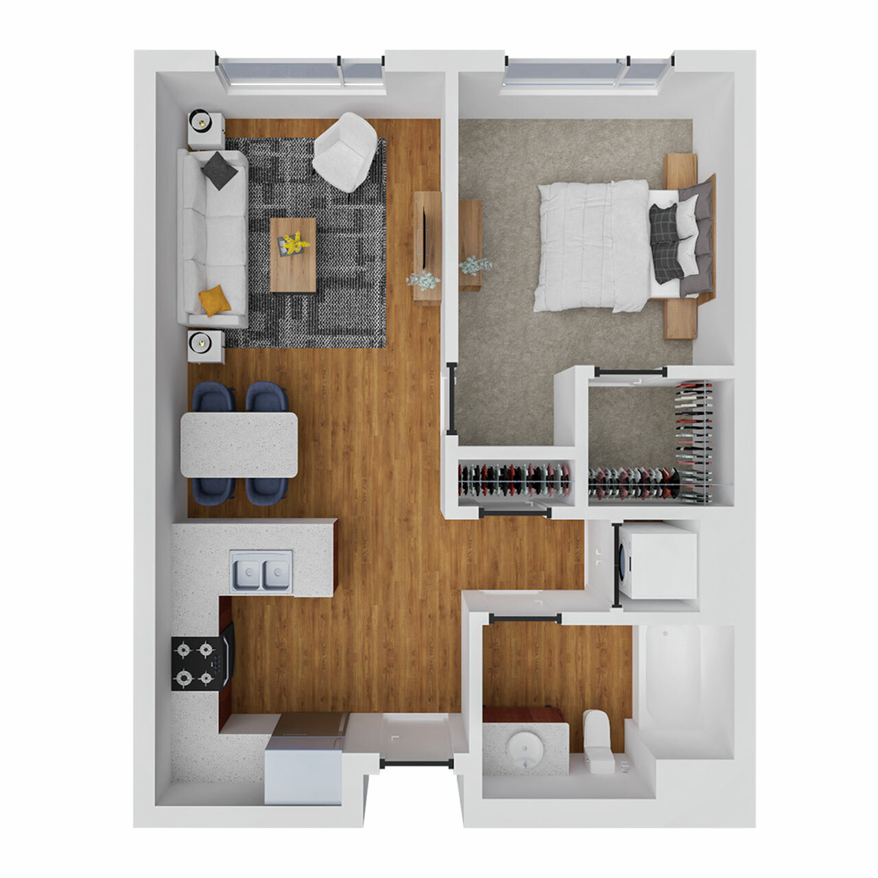 Modern 3D floor plan showcasing a cozy 1-bedroom apartment with an open-concept living area, inviting dining space, and a well-equipped kitchen.