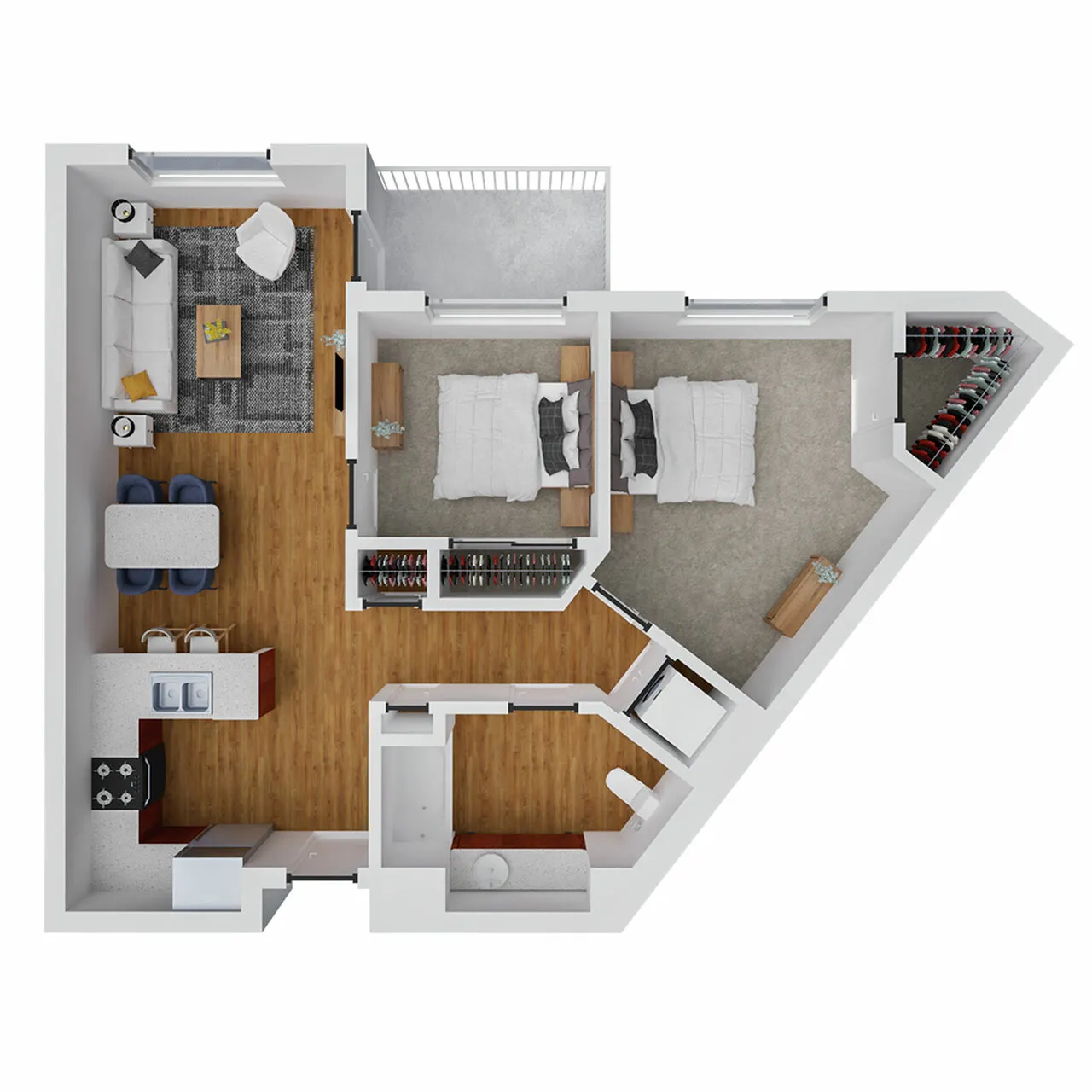 Contemporary 3D floor plan showcasing 2 bedrooms, cozy living area, modern kitchen, and elegant bathroom with ample closet space.