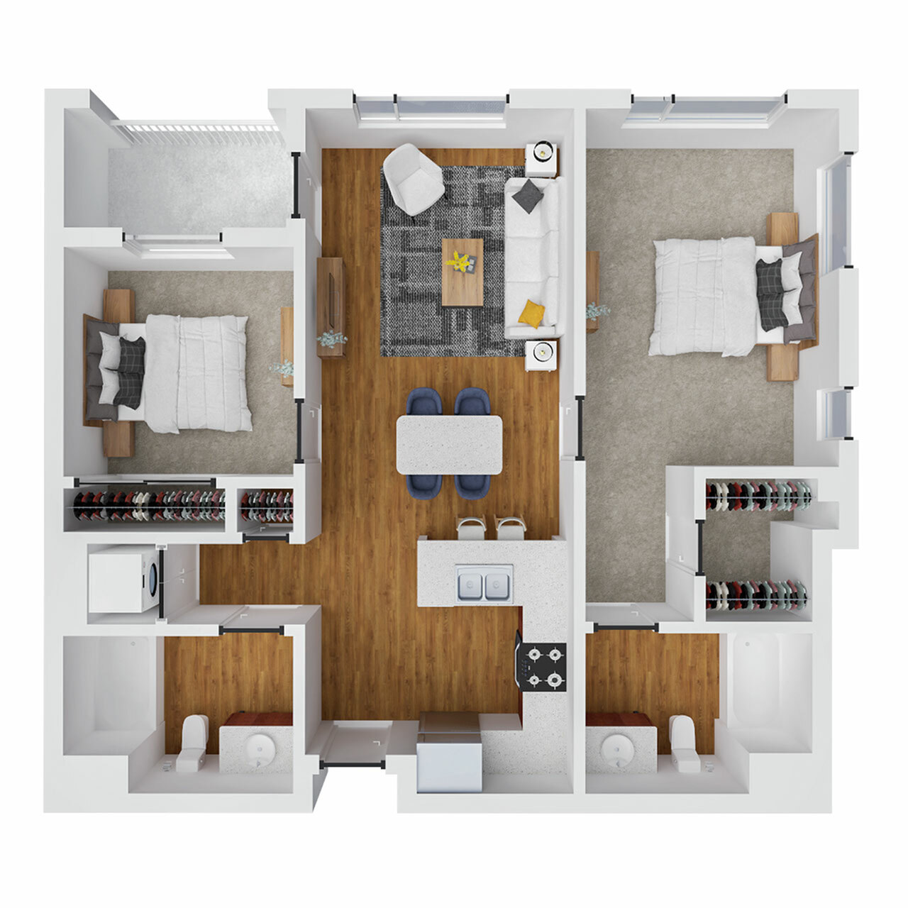 Modern 3D floor plan featuring two spacious bedrooms, an open-concept living and dining area, sleek kitchen, and two stylish bathrooms.